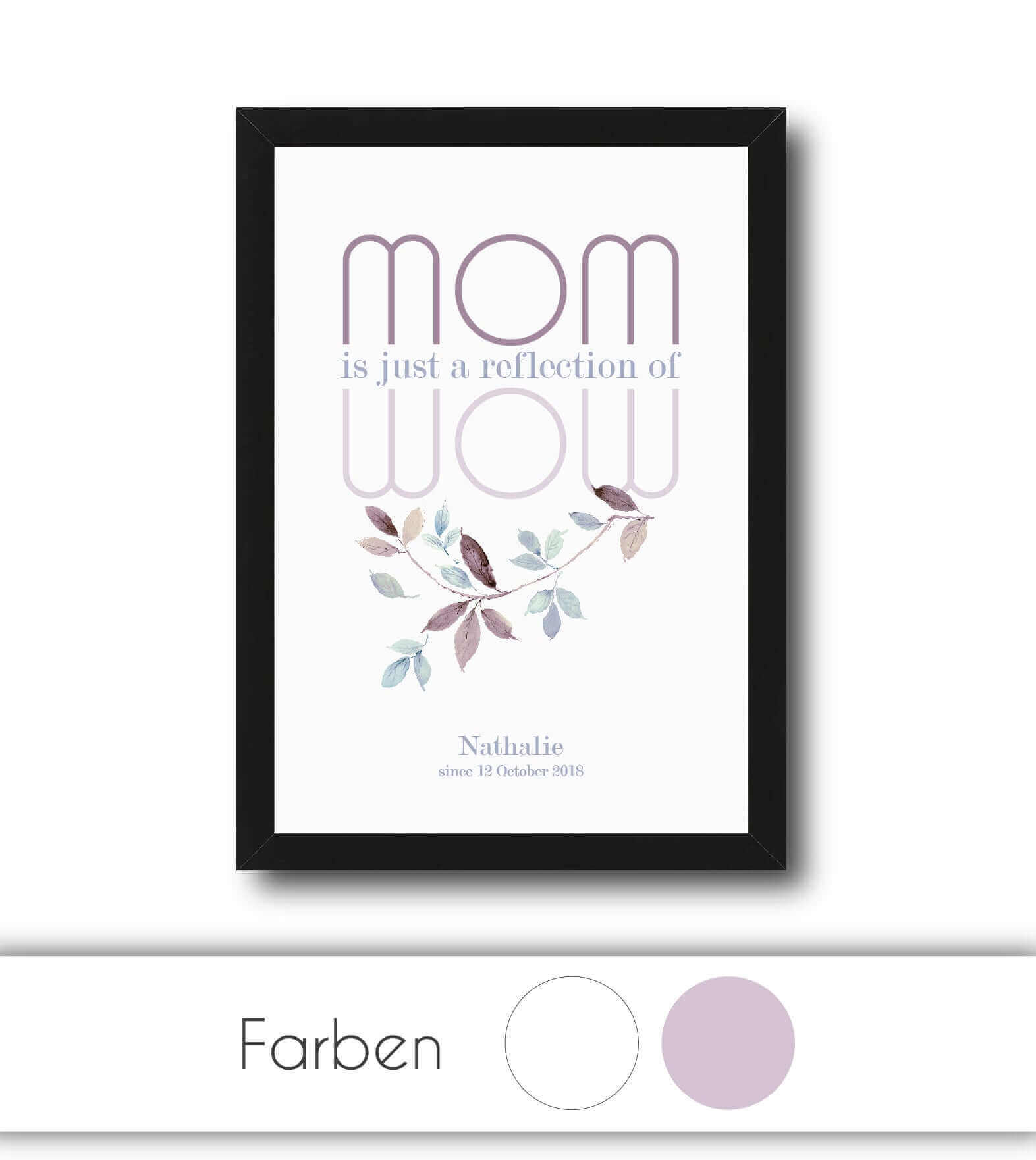 Personalisiertes Bild "MOM = WOW", Bildfarbe: Weiß, Lila, Bildgröße: 13x18cm, DIN A4, DIN A3, Bilderrahmen: Ohne Bilderrahmen, Bilderrahmen weiß, Bilderrahmen schwarz, Bilderrahmen weiß mit Passepartout, Bilderrahmen schwarz mit Passepartout, Copyright: 3