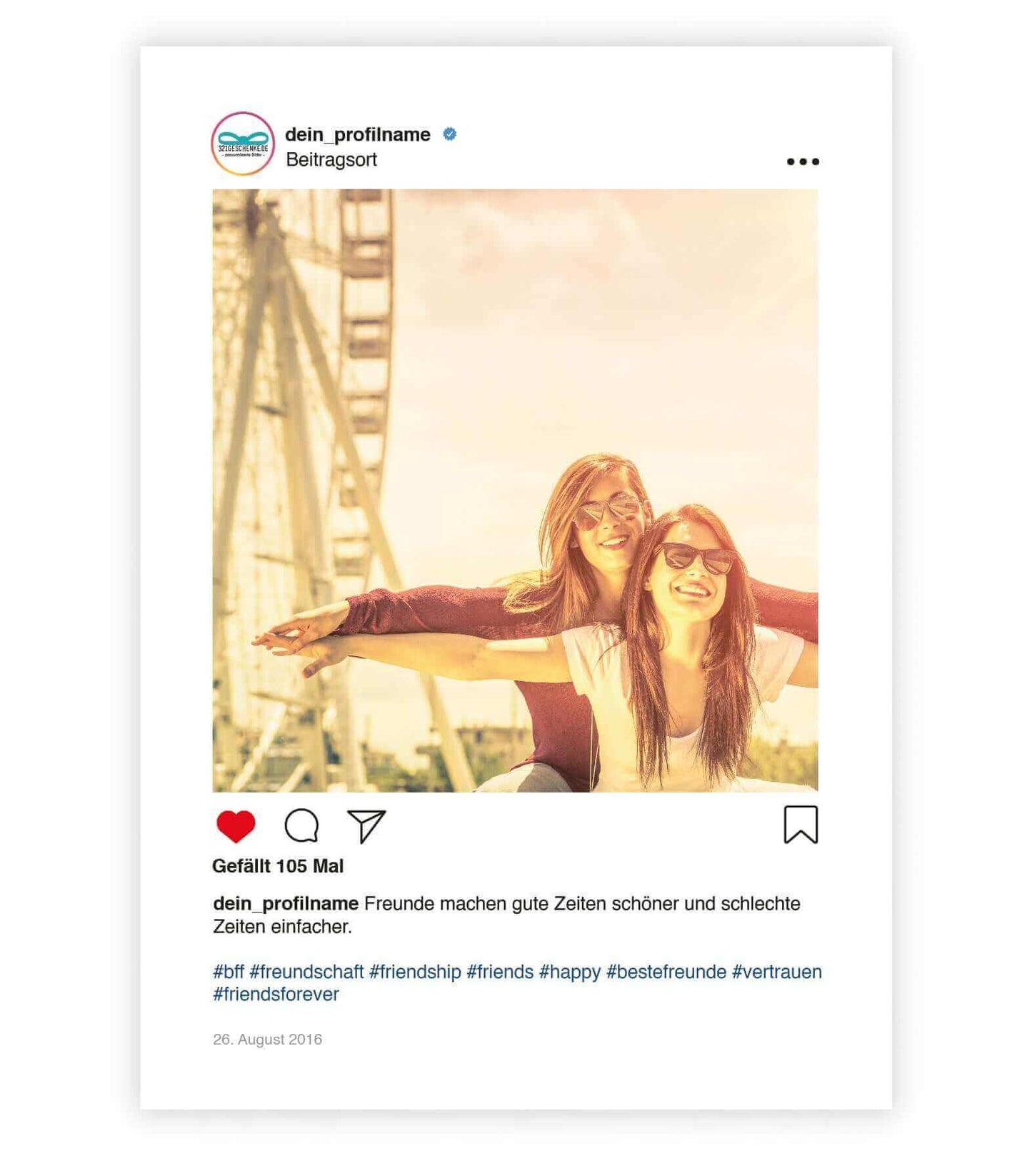 Personalisiertes Bild “Instagram-Post", Bildgröße: 13x18cm, DIN A4, DIN A3, Bilderrahmen: Ohne Bilderrahmen, Bilderrahmen weiß, Bilderrahmen schwarz, Bilderrahmen weiß mit Passepartout, Bilderrahmen schwarz mit Passepartout, Copyright: 321geschenke.de