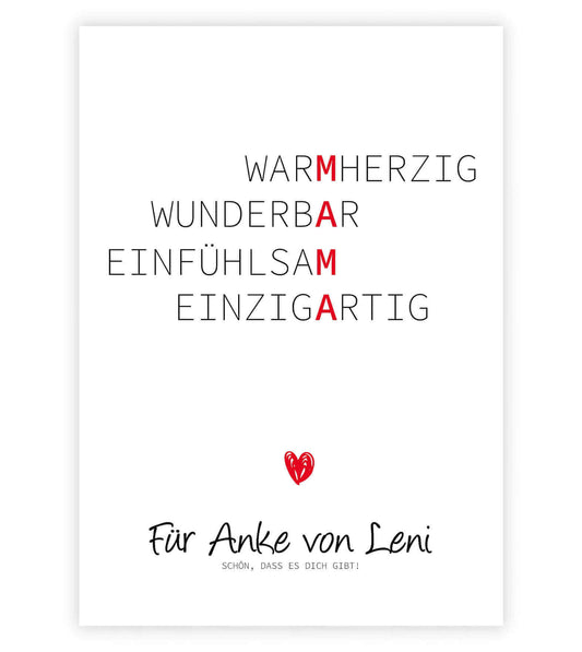 Personalisiertes "Wörterposter" - MAMA, Bildgröße: 13x18cm, DIN A4, DIN A3, Bilderrahmen: Ohne Bilderrahmen, Bilderrahmen weiß, Bilderrahmen schwarz, Bilderrahmen weiß mit Passepartout, Bilderrahmen schwarz mit Passepartout, Copyright: 321geschenke.de