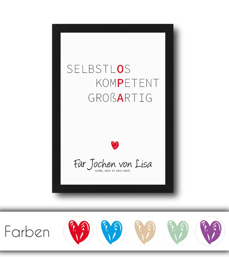 Personalisiertes "Wörterposter" - Opa, Bildgröße: 13x18cm, DIN A4, DIN A3, Bilderrahmen: Ohne Bilderrahmen, Bilderrahmen weiß, Bilderrahmen schwarz, Bilderrahmen weiß mit Passepartout, Bilderrahmen schwarz mit Passepartout, Copyright: 321geschenke.de