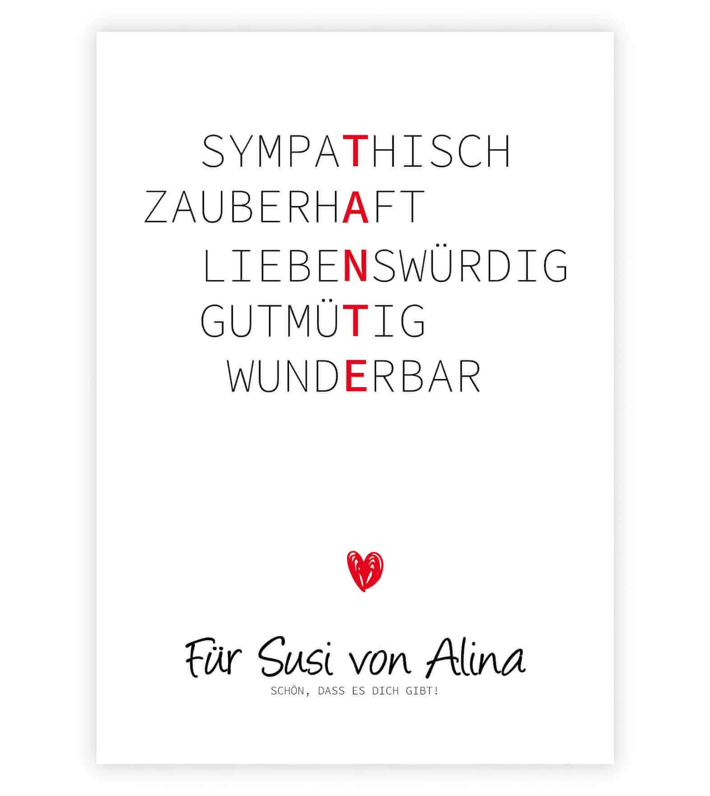 Personalisiertes "Wörterposter" - TANTE, Bildgröße: 13x18cm, DIN A4, DIN A3, Bilderrahmen: Ohne Bilderrahmen, Bilderrahmen weiß, Bilderrahmen schwarz, Bilderrahmen weiß mit Passepartout, Bilderrahmen schwarz mit Passepartout, Copyright: 321geschenke.de
