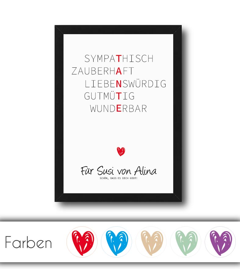 Personalisiertes "Wörterposter" - TANTE, Bildgröße: 13x18cm, DIN A4, DIN A3, Bilderrahmen: Ohne Bilderrahmen, Bilderrahmen weiß, Bilderrahmen schwarz, Bilderrahmen weiß mit Passepartout, Bilderrahmen schwarz mit Passepartout, Copyright: 321geschenke.de