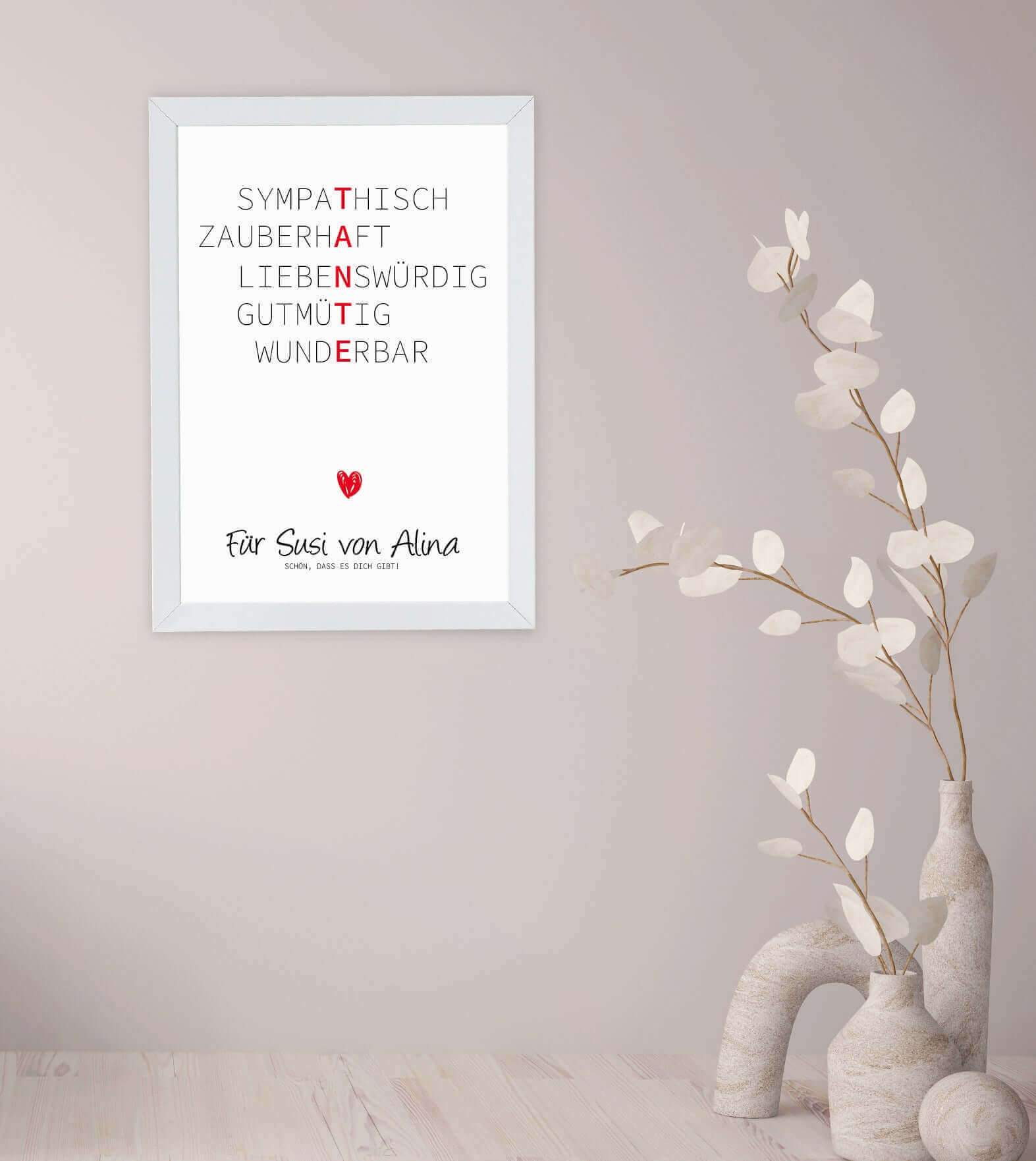 Anwendungsbild_Personalisiertes "Wörterposter" - TANTE, Bildgröße: 13x18cm, DIN A4, DIN A3, Bilderrahmen: Ohne Bilderrahmen, Bilderrahmen weiß, Bilderrahmen schwarz, Bilderrahmen weiß mit Passepartout, Bilderrahmen schwarz mit Passepartout, Copyright: 321