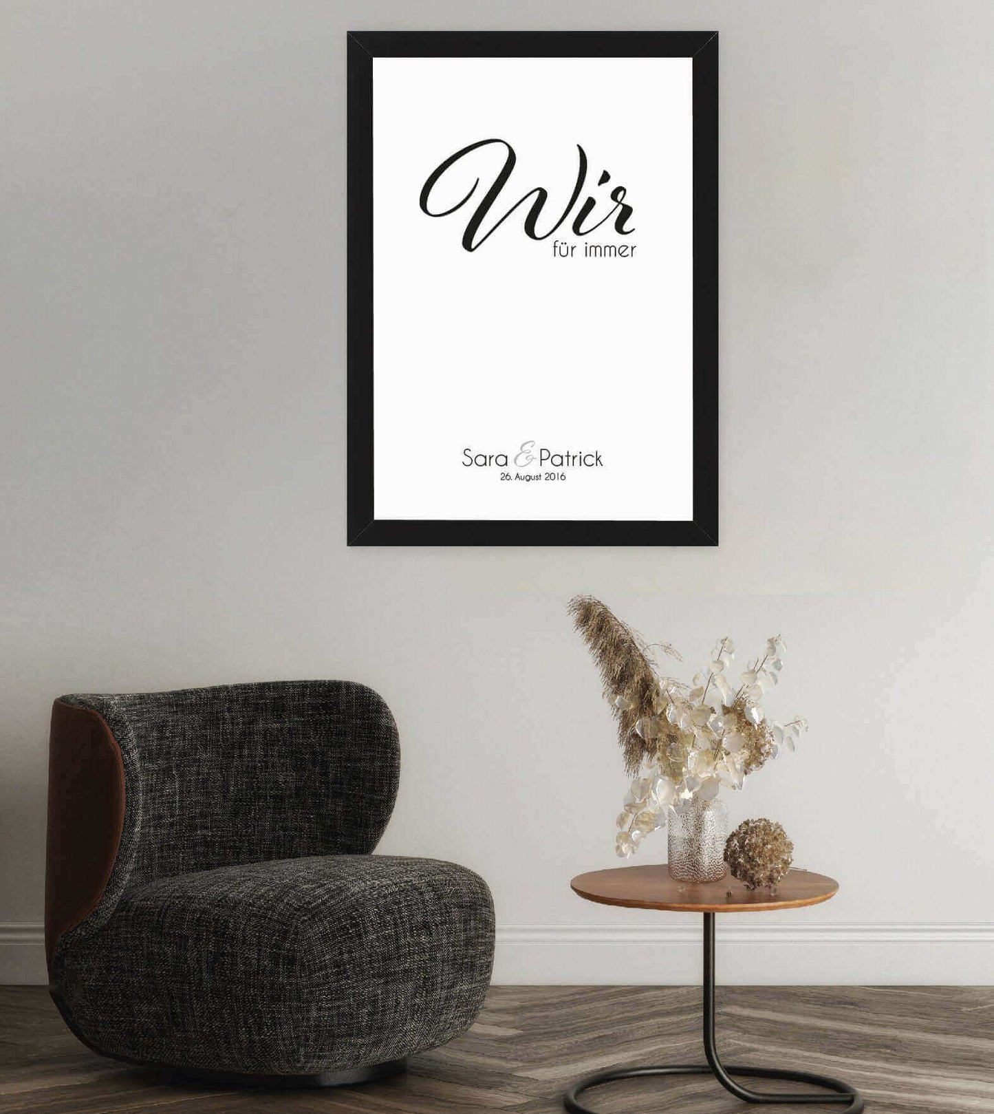 Anwendungsbild_Personalisiertes Bild "WIR - für immer", Bildfarbe: Weiß, Grau, Anthrazit/Schwarz, Bildgröße: 13x18cm, DIN A4, DIN A3, Bilderrahmen: Ohne Bilderrahmen, Bilderrahmen weiß, Bilderrahmen schwarz, Bilderrahmen weiß mit Passepartout, Bilderrahme