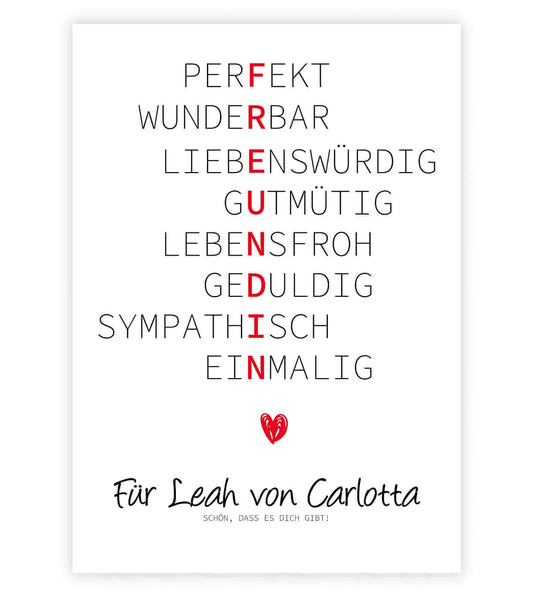 Personalisiertes "Wörterposter" - Freundin, Bildgröße: 13x18cm, DIN A4, DIN A3, Bilderrahmen: Ohne Bilderrahmen, Bilderrahmen weiß, Bilderrahmen schwarz, Bilderrahmen weiß mit Passepartout, Bilderrahmen schwarz mit Passepartout, Copyright: 321geschenke.de