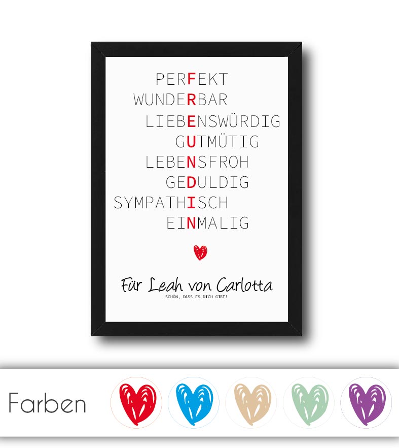 Personalisiertes "Wörterposter" - Freundin, Bildgröße: 13x18cm, DIN A4, DIN A3, Bilderrahmen: Ohne Bilderrahmen, Bilderrahmen weiß, Bilderrahmen schwarz, Bilderrahmen weiß mit Passepartout, Bilderrahmen schwarz mit Passepartout, Copyright: 321geschenke.de