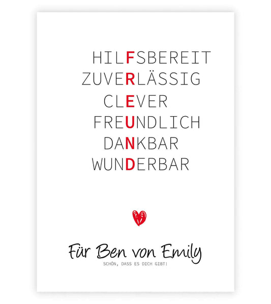Personalisiertes "Wörterposter" - Freund, Bildgröße: 13x18cm, DIN A4, DIN A3, Bilderrahmen: Ohne Bilderrahmen, Bilderrahmen weiß, Bilderrahmen schwarz, Bilderrahmen weiß mit Passepartout, Bilderrahmen schwarz mit Passepartout, Copyright: 321geschenke.de