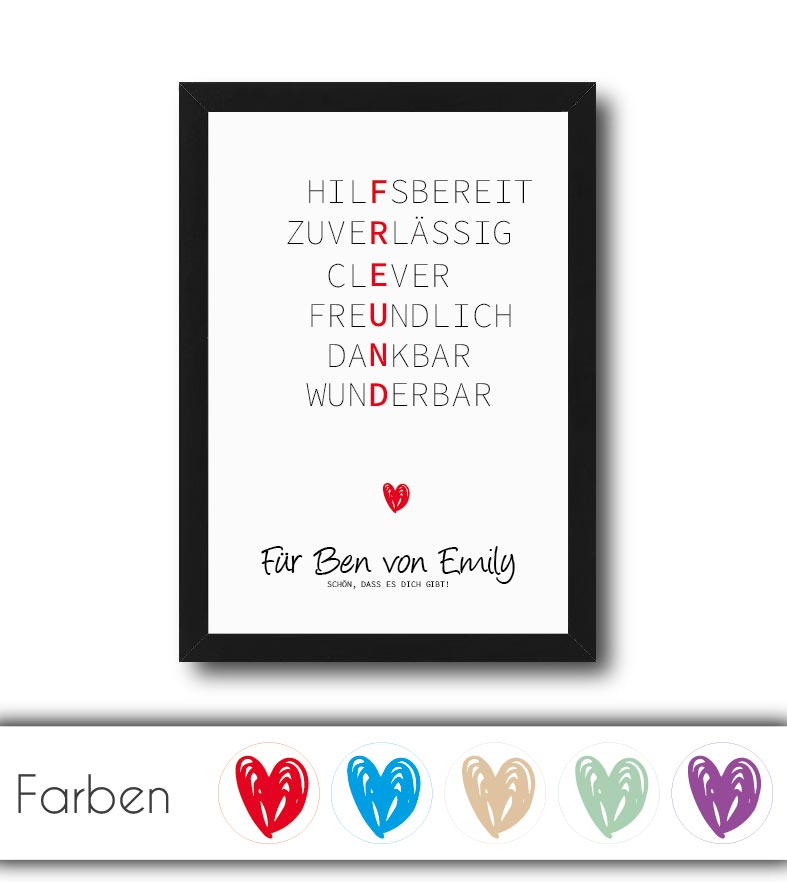 Personalisiertes "Wörterposter" - Freund, Bildgröße: 13x18cm, DIN A4, DIN A3, Bilderrahmen: Ohne Bilderrahmen, Bilderrahmen weiß, Bilderrahmen schwarz, Bilderrahmen weiß mit Passepartout, Bilderrahmen schwarz mit Passepartout, Copyright: 321geschenke.de
