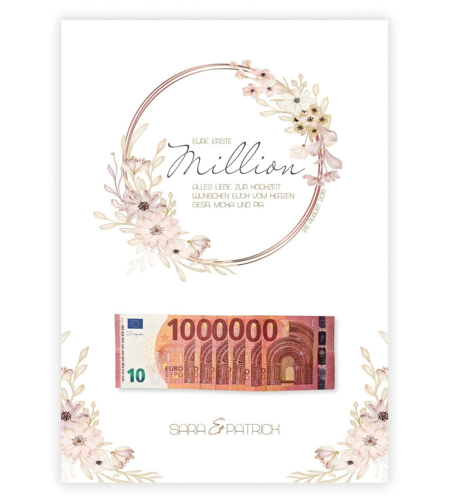 Personalisiertes Bild “EURE ERSTE MILLION”, Bildgröße DIN A4, DIN A3, Bilderrahmen: Ohne Bilderrahmen mit Geldscheinen, Copyright: 321geschenke.de