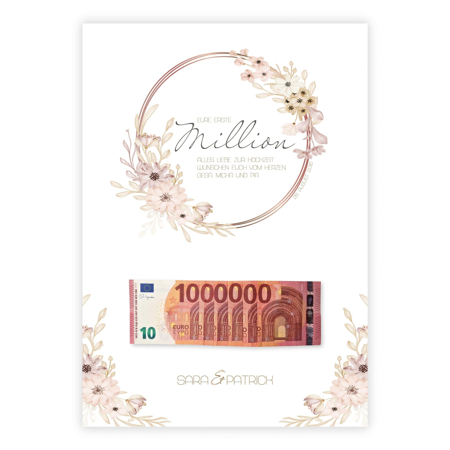 Personalisiertes Bild “EURE ERSTE MILLION”, Bildgröße: DIN A3, Bilderrahmen: Ohne Bilderrahmen mit Geldscheinen, Copyright: 321geschenke.de