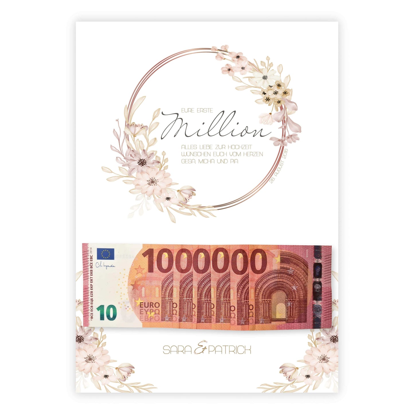 Personalisiertes Bild “EURE ERSTE MILLION”, Bildgröße: DIN A4, Bilderrahmen: Ohne Bilderrahmen mit Geldscheinen, Copyright: 321geschenke.de