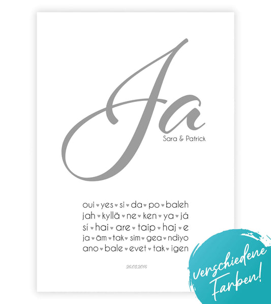 Personalisiertes Liebesposter "JA international", Bildfarbe: Weiß, Grau, Anthrazit/Schwarz, Bildgröße: 13x18cm, DIN A4, DIN A3, Bilderrahmen: Ohne Bilderrahmen, Bilderrahmen weiß, Bilderrahmen schwarz, Bilderrahmen weiß mit Passepartout, Bilderrahmen schw
