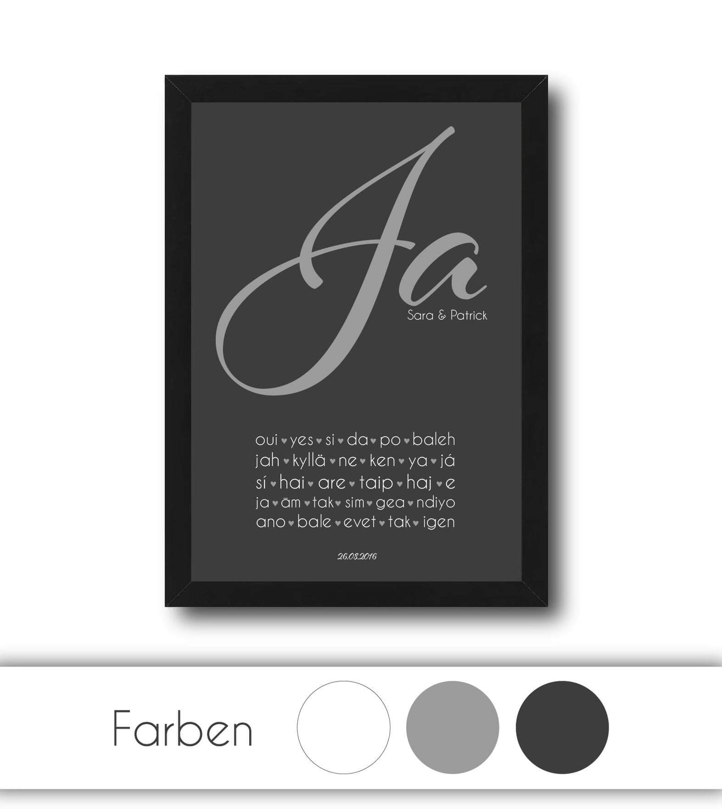 Personalisiertes Liebesposter "JA international", Bildfarbe: Weiß, Grau, Anthrazit/Schwarz, Bildgröße: 13x18cm, DIN A4, DIN A3, Bilderrahmen: Ohne Bilderrahmen, Bilderrahmen weiß, Bilderrahmen schwarz, Bilderrahmen weiß mit Passepartout, Bilderrahmen schw