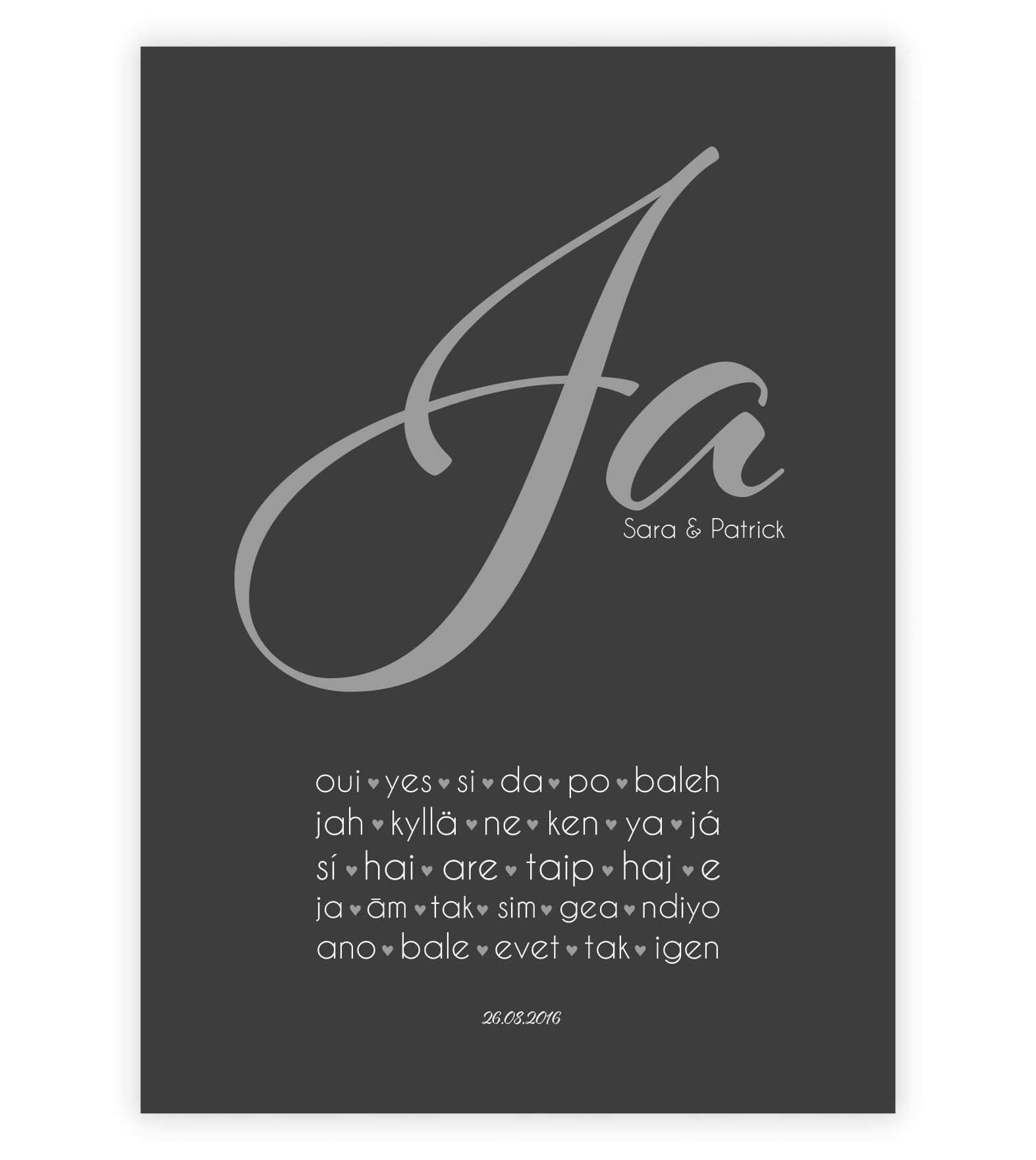 Personalisiertes Liebesposter "JA international", Bildfarbe: Anthrazit/Schwarz, Bildgröße: 13x18cm, DIN A4, DIN A3, Bilderrahmen: Ohne Bilderrahmen, Copyright: 321geschenke.de