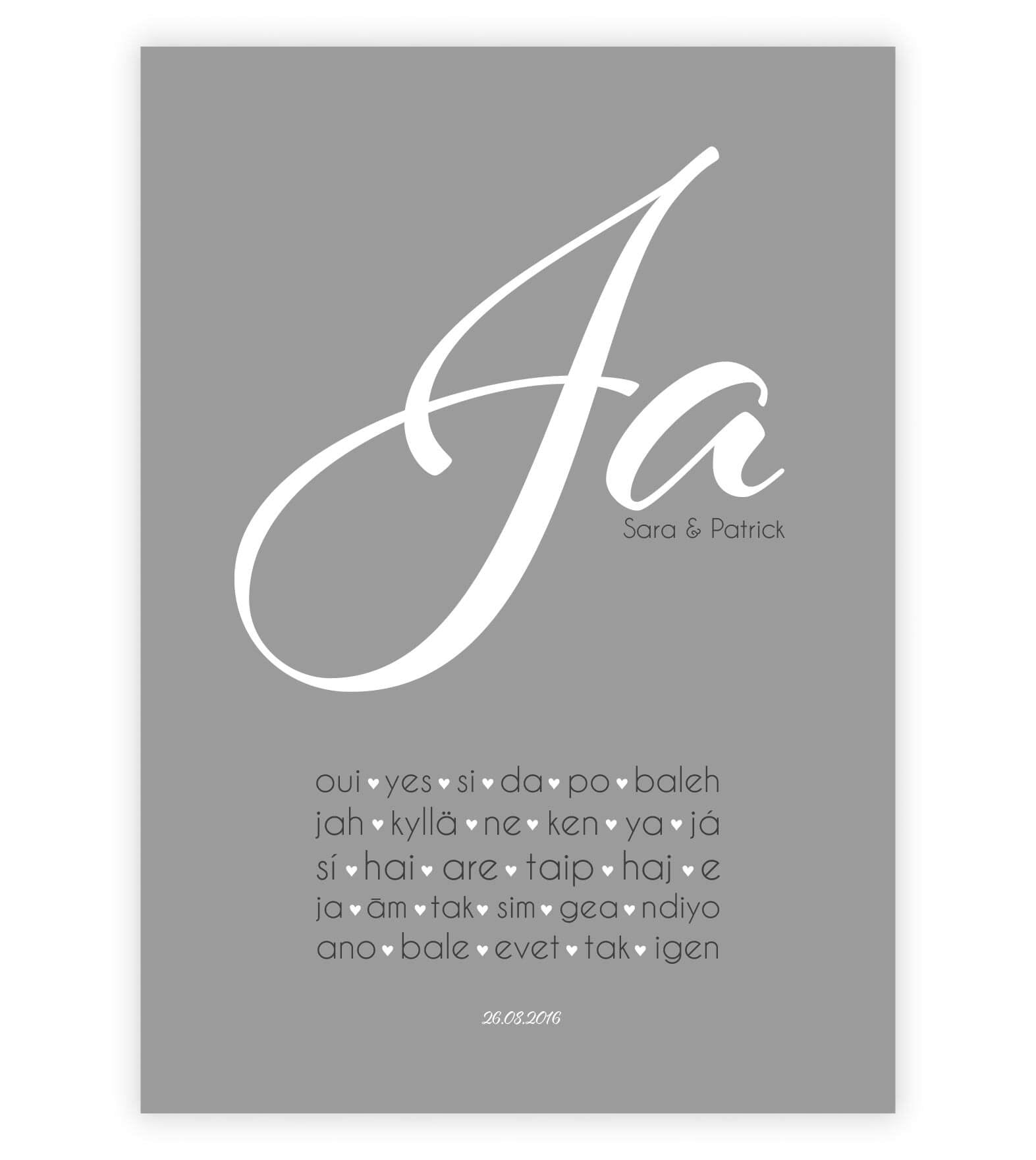 Personalisiertes Liebesposter "JA international", Bildfarbe: Grau, Bildgröße: 13x18cm, DIN A4, DIN A3, Bilderrahmen: Ohne Bilderrahmen, Copyright: 321geschenke.de