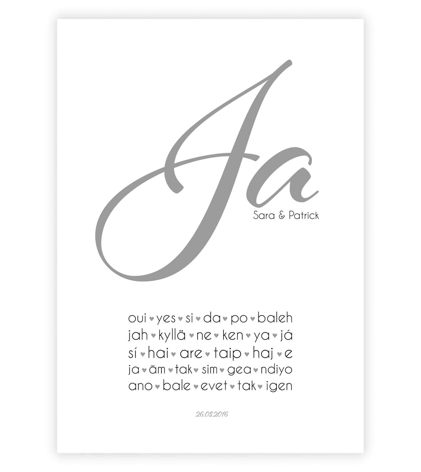 Personalisiertes Liebesposter "JA international", Bildfarbe: Weiß, Bildgröße: 13x18cm, DIN A4, DIN A3, Bilderrahmen: Ohne Bilderrahmen, Copyright: 321geschenke.de