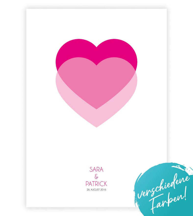 Personalisiertes Bild "Zwei Herzen", Farbe: Blau, Pink, Gelb, Grau, Grün, Rot, Magenta, Braun, Lila, Bildgröße: 13x18cm, DIN A4, DIN A3, Bilderrahmen: ohne Bilderrahmen, Bilderrahmen weiß, Bilderrahmen schwarz, Bilderrahmen weiß mit Passepartout, Bilderra