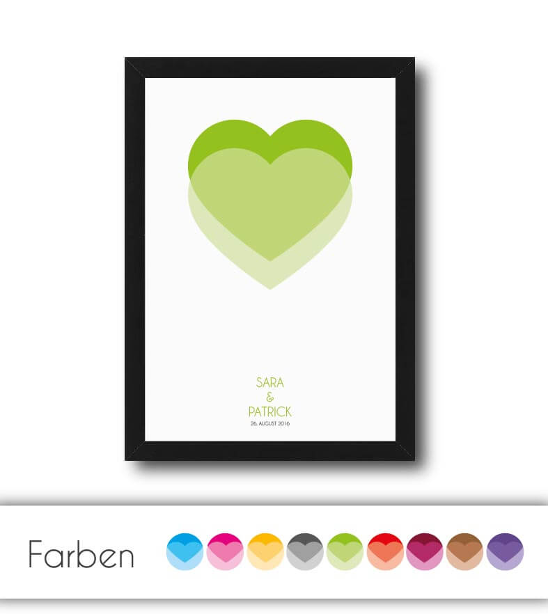 Personalisiertes Bild "Zwei Herzen", Farbe: Blau, Pink, Gelb, Grau, Grün, Rot, Magenta, Braun, Lila, Bildgröße: 13x18cm, DIN A4, DIN A3, Bilderrahmen: ohne Bilderrahmen, Bilderrahmen weiß, Bilderrahmen schwarz, Bilderrahmen weiß mit Passepartout, Bilderra