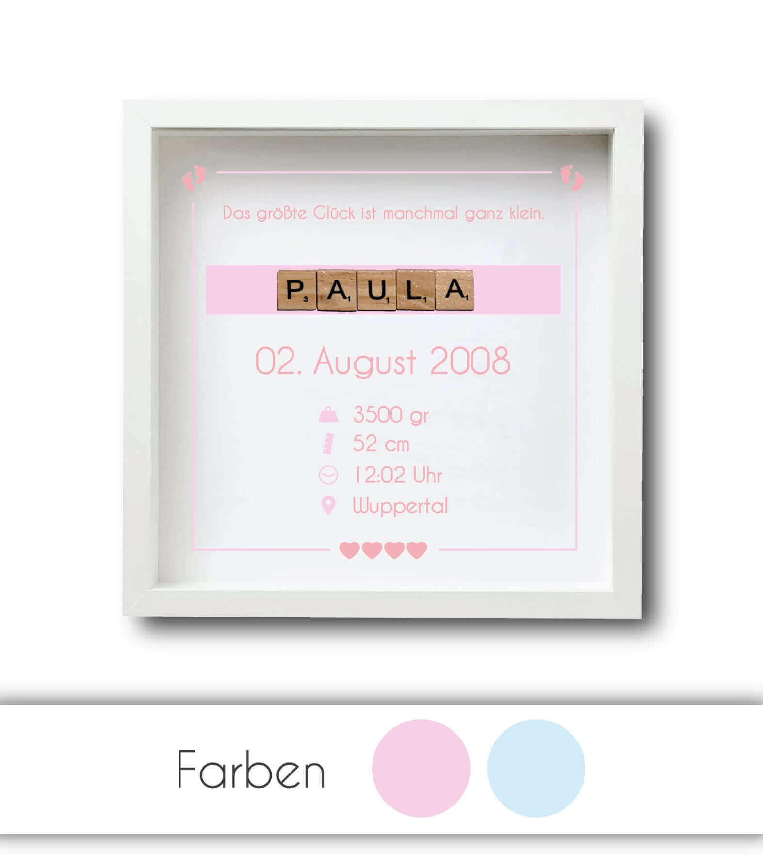 Personalisiertes Bild "Geburtsanzeige", Bildfarbe: Rosa, Blau, Bildgröße: 25x25cm, Bilderrahmen: Ohne Bilderrahmen, Bilderrahmen weiß, Bilderrahmen schwarz, Copyright: 321geschenke.de