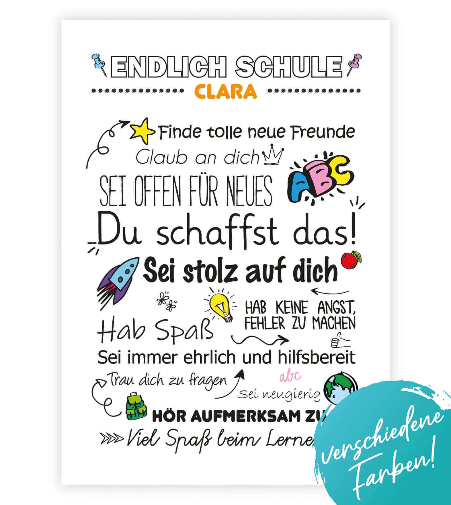 Personalisiertes Poster "Endlich Schule" Motivationssprüche, Bildfarbe: Rosa, Blau, Weiß, Grün, Bildgröße: 13x18cm, DIN A4, DIN A3, Bilderrahmen: Ohne Bilderrahmen, Bilderrahmen weiß, Bilderrahmen schwarz, Bilderrahmen weiß mit Passepartout, Bilderrahmen