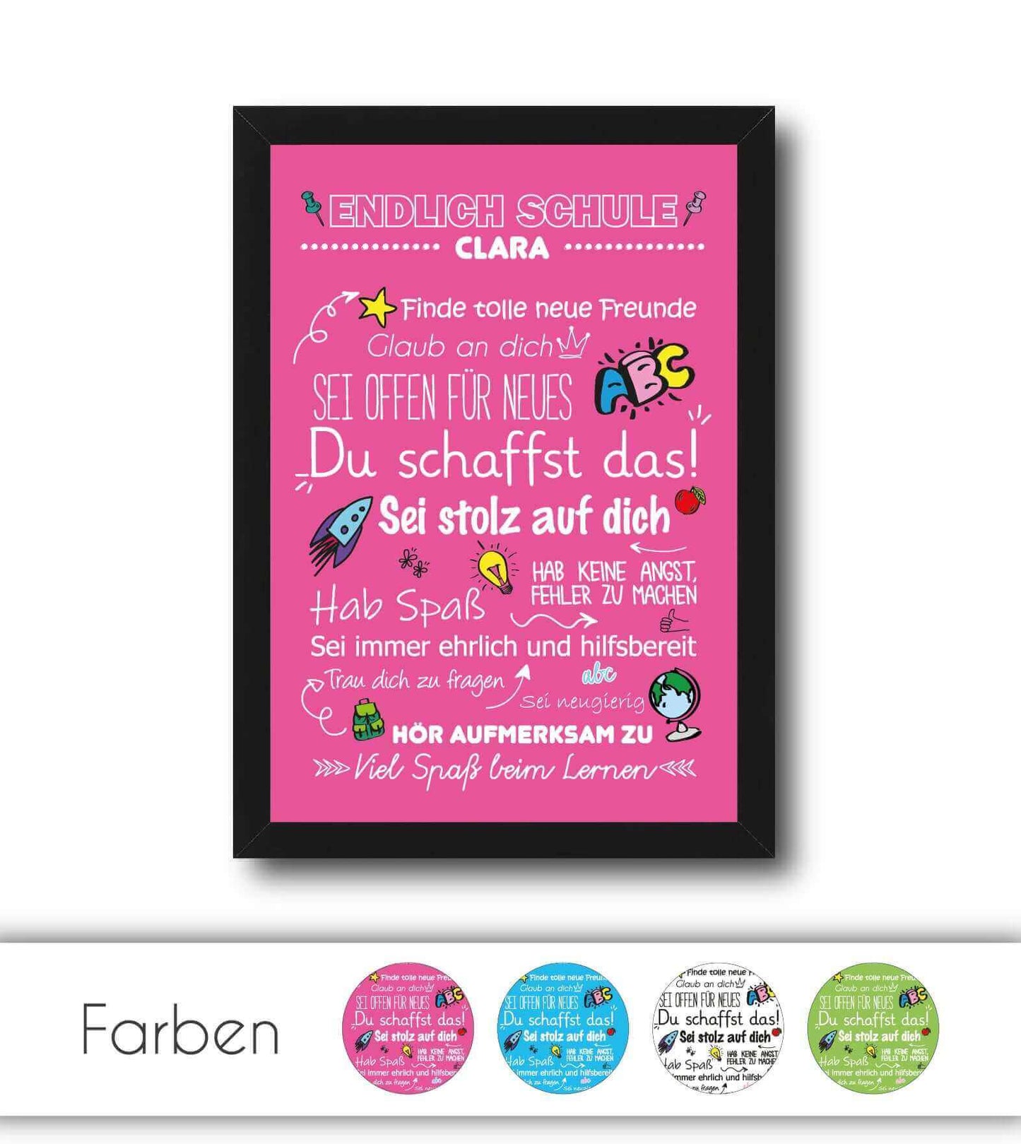 Personalisiertes Poster "Endlich Schule" Motivationssprüche, Bildfarbe: Rosa, Blau, Weiß, Grün, Bildgröße: 13x18cm, DIN A4, DIN A3, Bilderrahmen: Ohne Bilderrahmen, Bilderrahmen weiß, Bilderrahmen schwarz, Bilderrahmen weiß mit Passepartout, Bilderrahmen