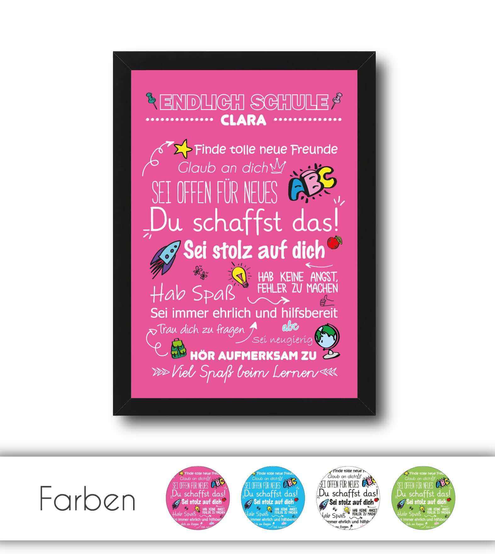 Personalisiertes Poster "Endlich Schule" Motivationssprüche, Bildfarbe: Rosa, Blau, Weiß, Grün, Bildgröße: 13x18cm, DIN A4, DIN A3, Bilderrahmen: Ohne Bilderrahmen, Bilderrahmen weiß, Bilderrahmen schwarz, Bilderrahmen weiß mit Passepartout, Bilderrahmen