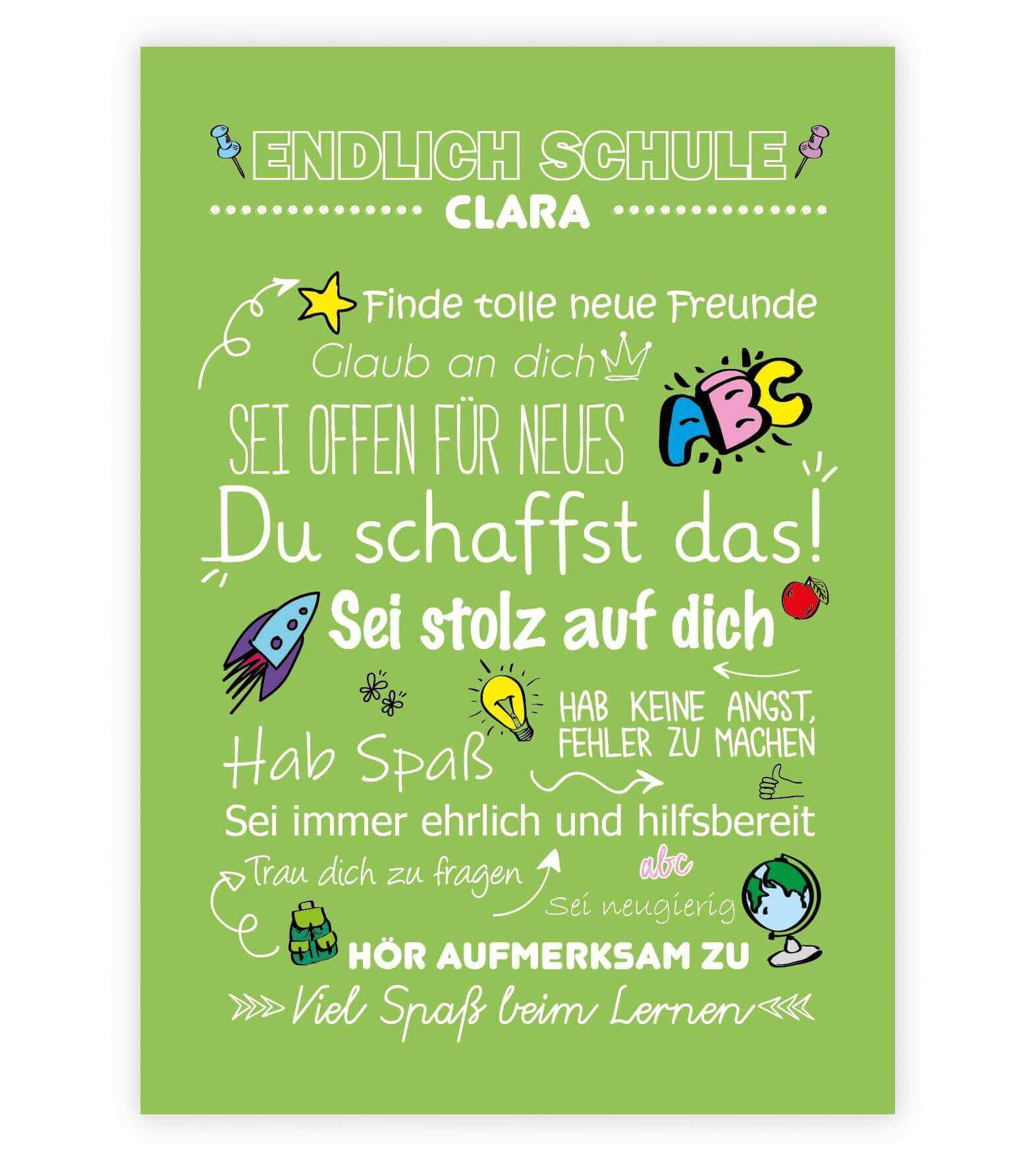 Personalisiertes Poster "Endlich Schule" Motivationssprüche, Bildfarbe: Grün, Bildgröße: 13x18cm, DIN A4, DIN A3, Bilderrahmen: Ohne Bilderrahmen, Copyright: 321geschenke.de