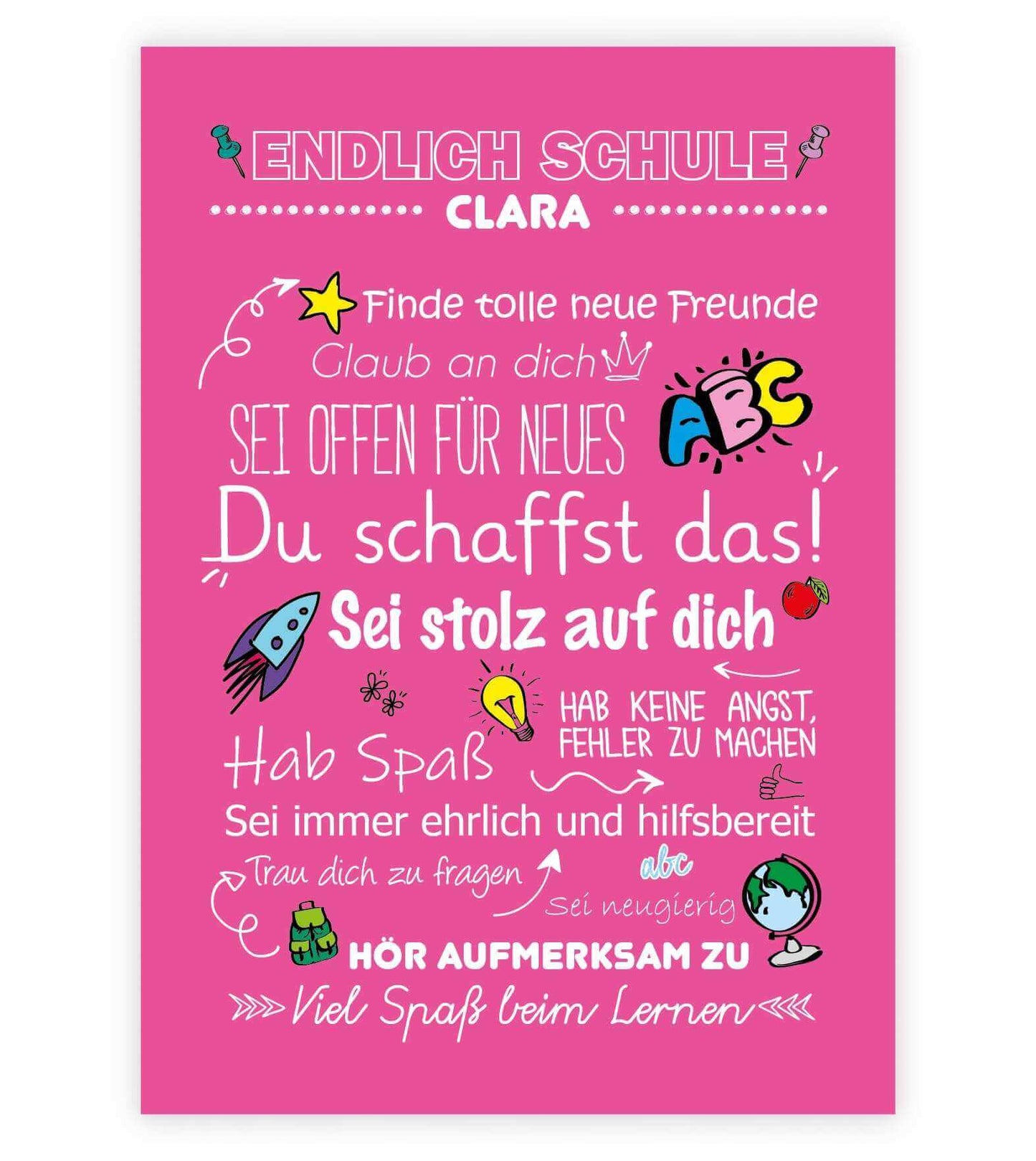 Personalisiertes Poster "Endlich Schule" Motivationssprüche, Bildfarbe: Rosa, Bildgröße: 13x18cm, DIN A4, DIN A3, Bilderrahmen: Ohne Bilderrahmen, Copyright: 321geschenke.de