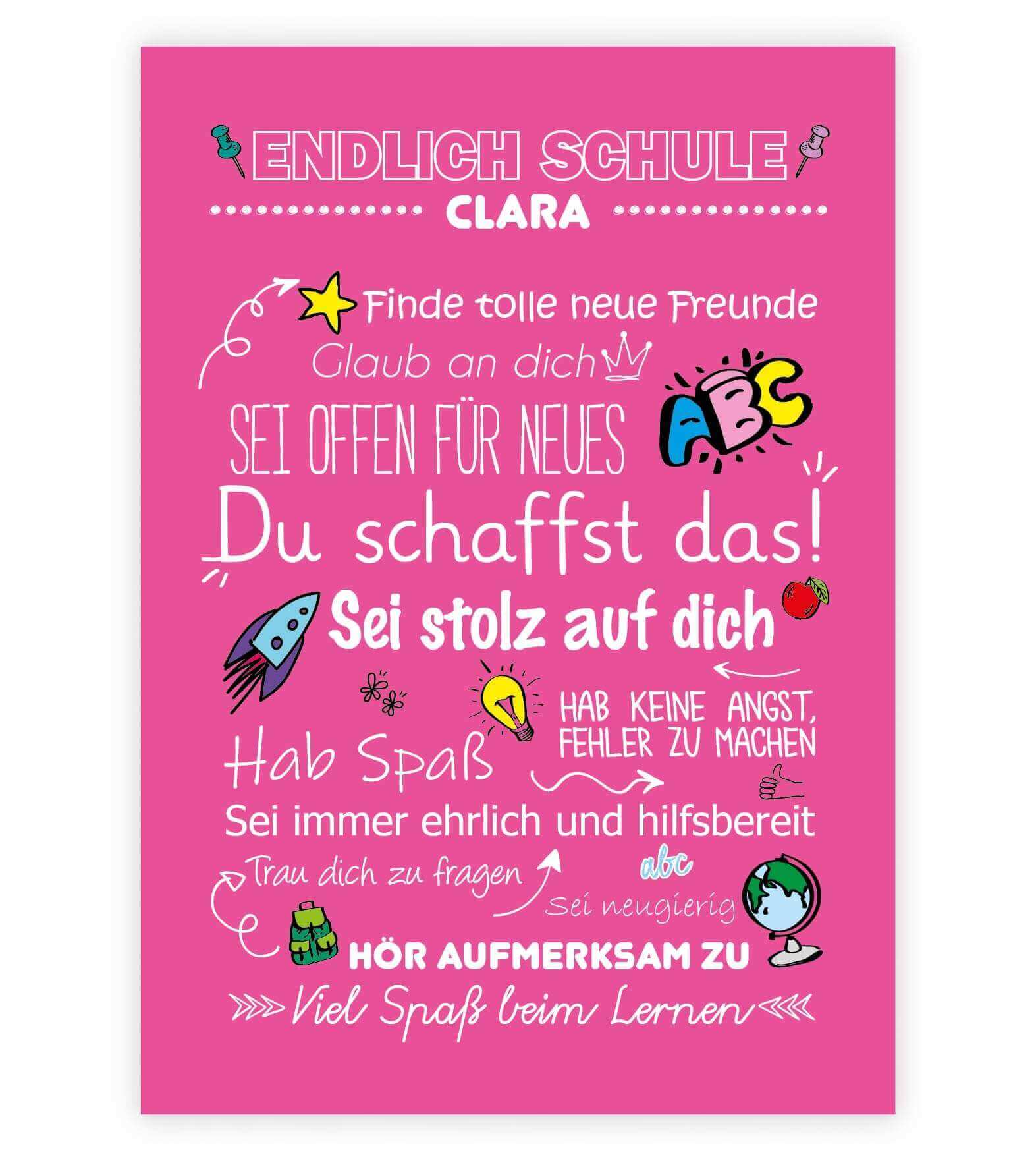 Personalisiertes Poster "Endlich Schule" Motivationssprüche, Bildfarbe: Rosa, Bildgröße: 13x18cm, DIN A4, DIN A3, Bilderrahmen: Ohne Bilderrahmen, Copyright: 321geschenke.de