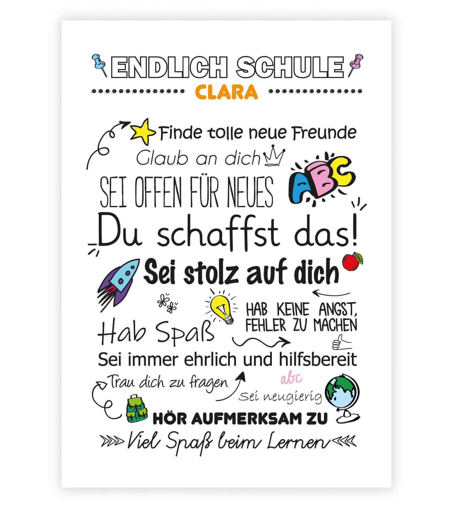 Personalisiertes Poster "Endlich Schule" Motivationssprüche, Bildfarbe: Weiß, Bildgröße: 13x18cm, DIN A4, DIN A3, Bilderrahmen: Ohne Bilderrahmen, Copyright: 321geschenke.de