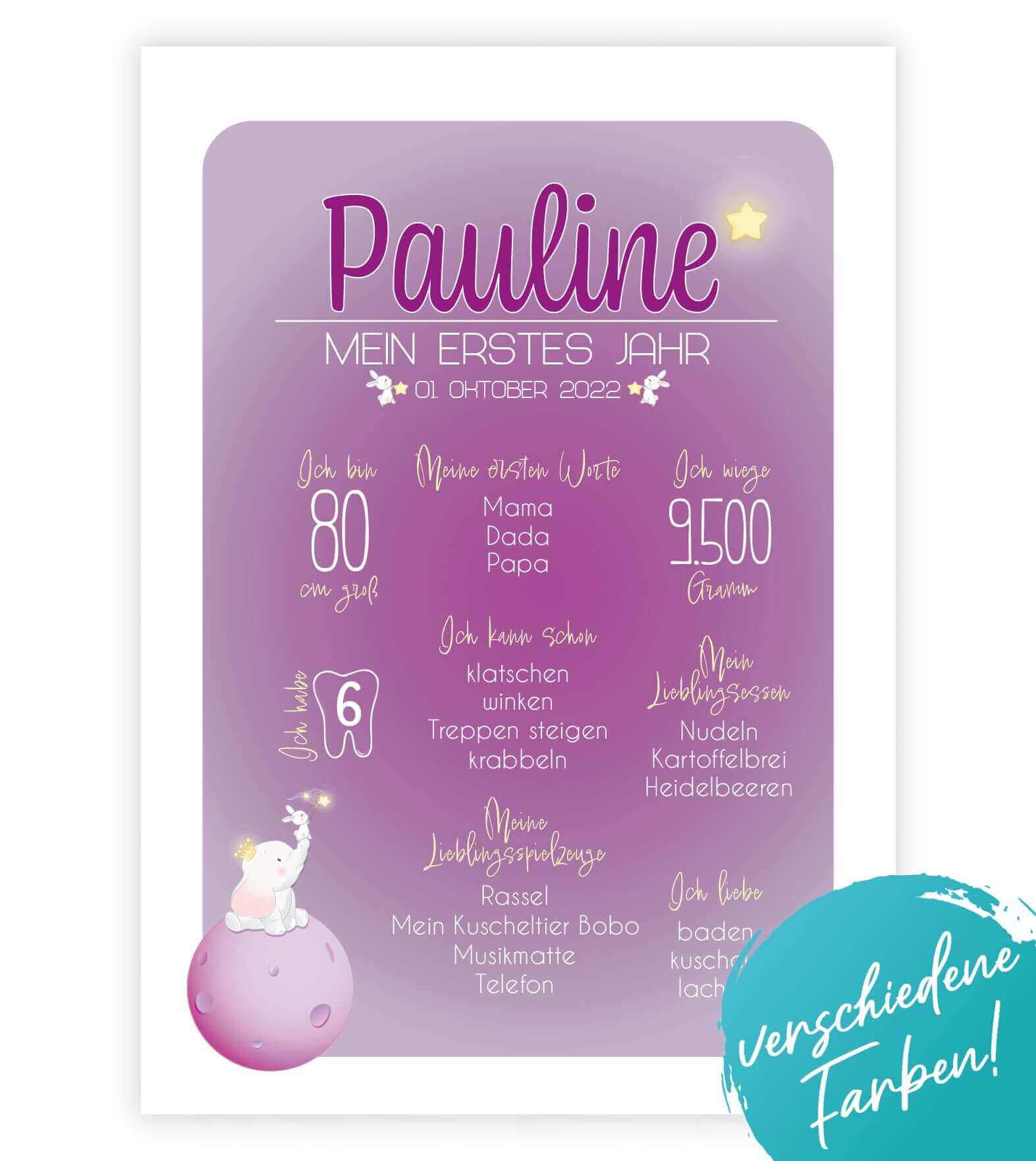 Personalisiertes Babyposter "Mein erstes Jahr", Bildfarbe: Rosa, Blau, Beige, Bildgröße: 13x18cm, DIN A4, DIN A3, Bilderrahmen: Ohne Bilderrahmen, Bilderrahmen weiß, Bilderrahmen schwarz, Bilderrahmen weiß mit Passepartout, Bilderrahmen schwarz mit Passep