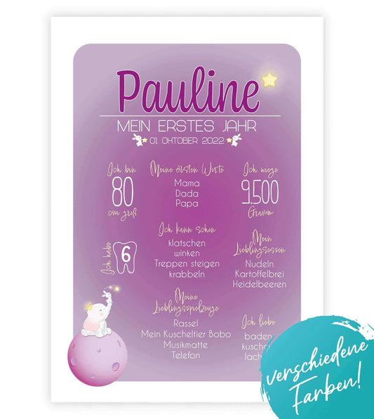 Personalisiertes Babyposter "Mein erstes Jahr", Bildfarbe: Rosa, Blau, Beige, Bildgröße: 13x18cm, DIN A4, DIN A3, Bilderrahmen: Ohne Bilderrahmen, Bilderrahmen weiß, Bilderrahmen schwarz, Bilderrahmen weiß mit Passepartout, Bilderrahmen schwarz mit Passep
