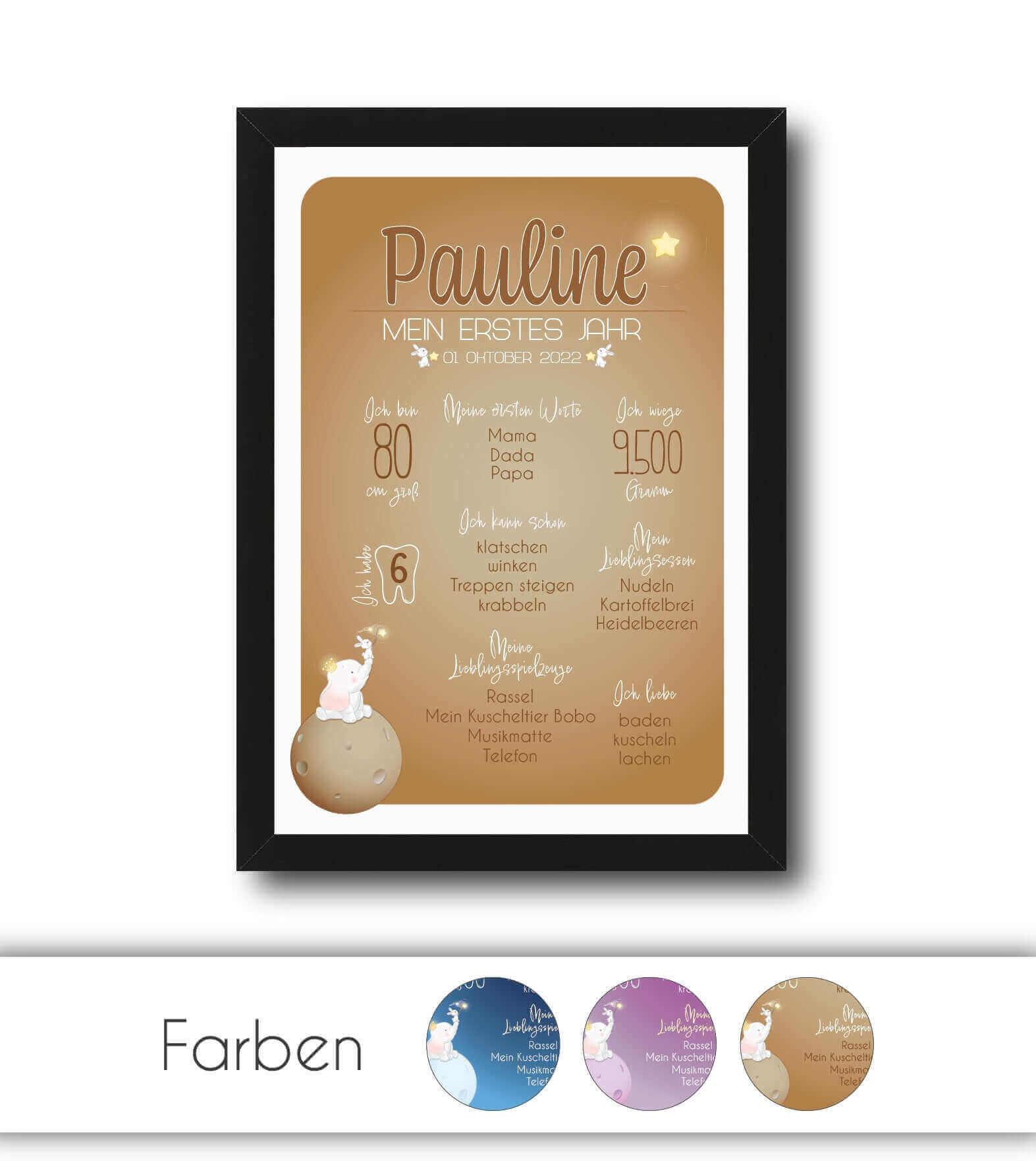 Personalisiertes Babyposter "Mein erstes Jahr", Bildfarbe: Rosa, Blau, Beige, Bildgröße: 13x18cm, DIN A4, DIN A3, Bilderrahmen: Ohne Bilderrahmen, Bilderrahmen weiß, Bilderrahmen schwarz, Bilderrahmen weiß mit Passepartout, Bilderrahmen schwarz mit Passep