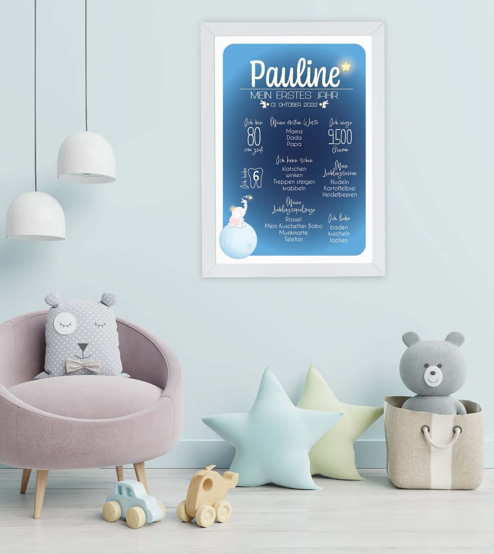 Anwendungsbild_Personalisiertes Babyposter "Mein erstes Jahr", Bildfarbe: Rosa, Blau, Beige, Bildgröße: 13x18cm, DIN A4, DIN A3, Bilderrahmen: Ohne Bilderrahmen, Bilderrahmen weiß, Bilderrahmen schwarz, Bilderrahmen weiß mit Passepartout, Bilderrahmen sch