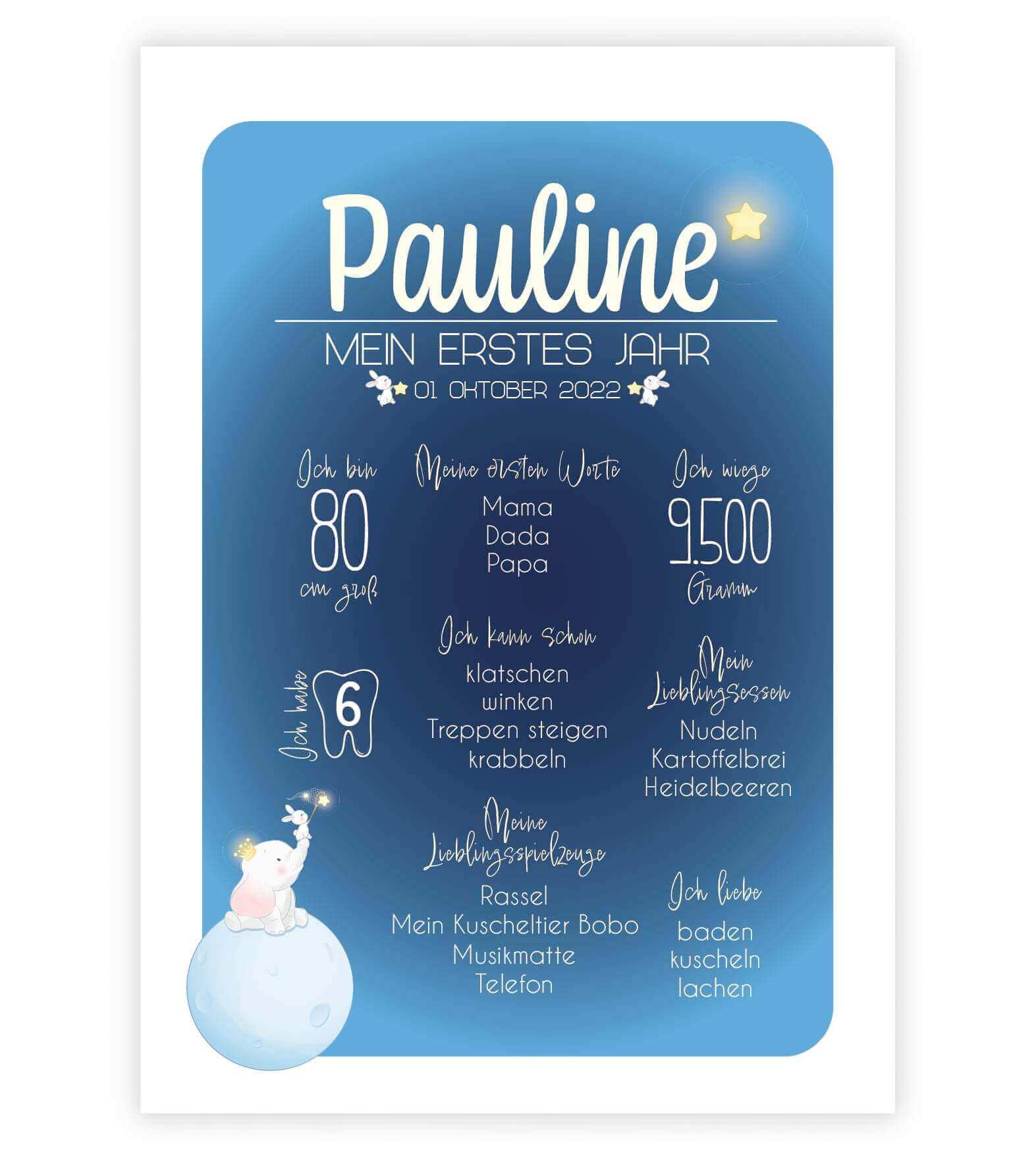 Personalisiertes Babyposter "Mein erstes Jahr", Bildfarbe: Blau, Bildgröße: 13x18cm, DIN A4, DIN A3, Bilderrahmen: Ohne Bilderrahmen, Copyright: 321geschenke.de