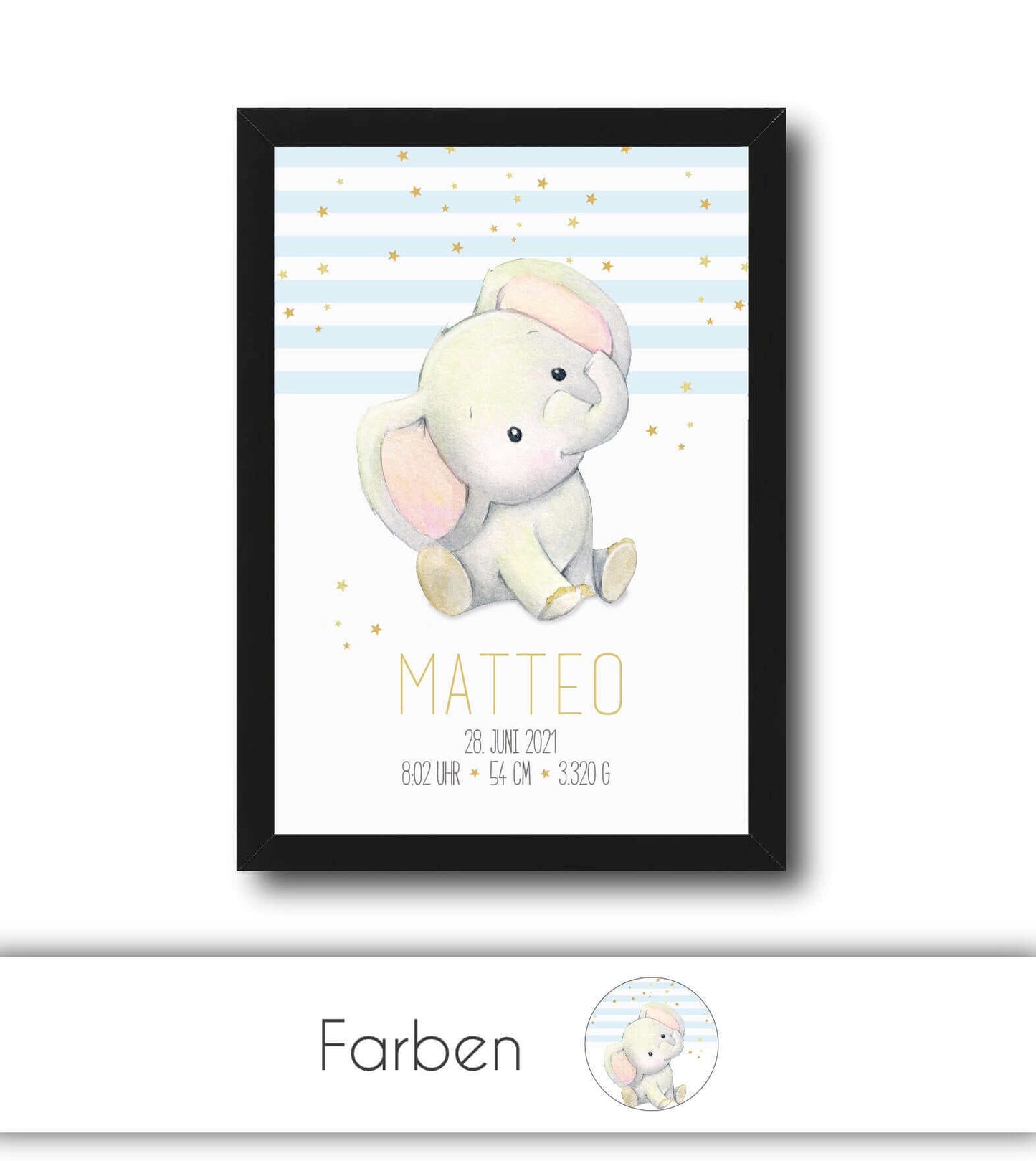 Personalisiertes Geburtsposter "Elefant" 🐘, Bildgröße: 13x18cm, DIN A4, DIN A3, Bilderrahmen: Ohne Bilderrahmen, Bilderrahmen weiß, Bilderrahmen schwarz, Bilderrahmen weiß mit Passepartout, Bilderrahmen schwarz mit Passepartout, Copyright: 321geschenke.d