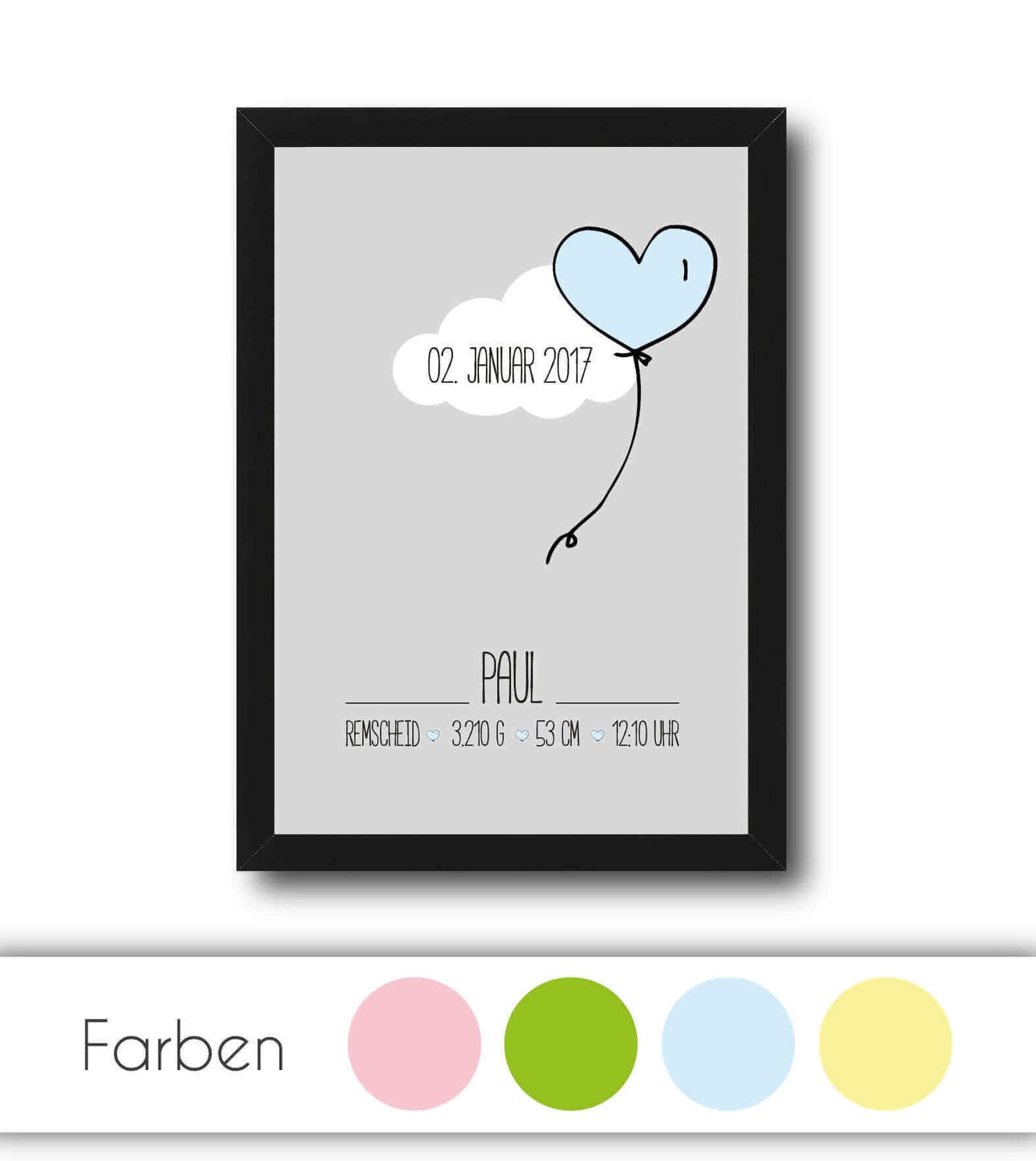 Personalisiertes Bild "Geburtsposter" Wolke mit Herzballon, Bildfarbe: Rosa, Blau, Grün, Gelb, Bildgröße: 13x18cm, DIN A4, DIN A3, Bilderrahmen: Ohne Bilderrahmen, Bilderrahmen weiß, Bilderrahmen schwarz, Bilderrahmen weiß mit Passepartout, Bilderrahmen s