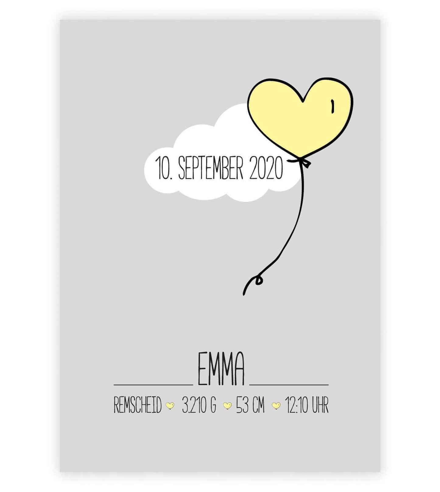 Personalisiertes Bild "Geburtsposter" Wolke mit Herzballon, Bildfarbe: Gelb, Bildgröße: 13x18cm, DIN A4, DIN A3, Bilderrahmen: Ohne Bilderrahmen, Copyright: 321geschenke.de