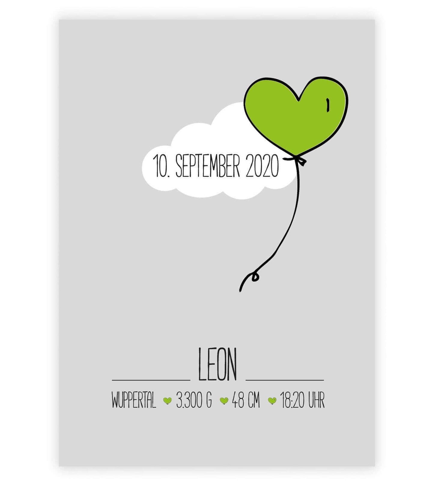 Personalisiertes Bild "Geburtsposter" Wolke mit Herzballon, Bildfarbe: Grün, Bildgröße: 13x18cm, DIN A4, DIN A3, Bilderrahmen: Ohne Bilderrahmen, Copyright: 321geschenke.de