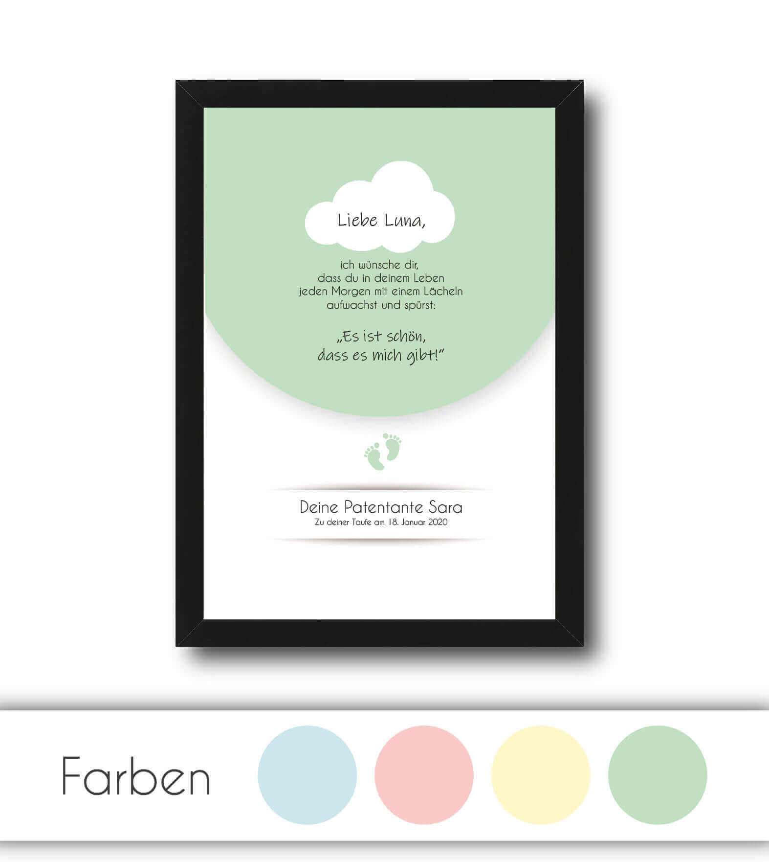 Personalisiertes Babyposter "Taufspruch", Bildfarbe; Blau, Rosa, Gelb, Grün, Bildgröße: 13x18cm, DIN A4, DIN A3, Bilderrahmen: Ohne Bilderrahmen, Bilderrahmen weiß, Bilderrahmen schwarz, Bilderrahmen weiß mit Passepartout, Bilderrahmen schwarz mit Passepa