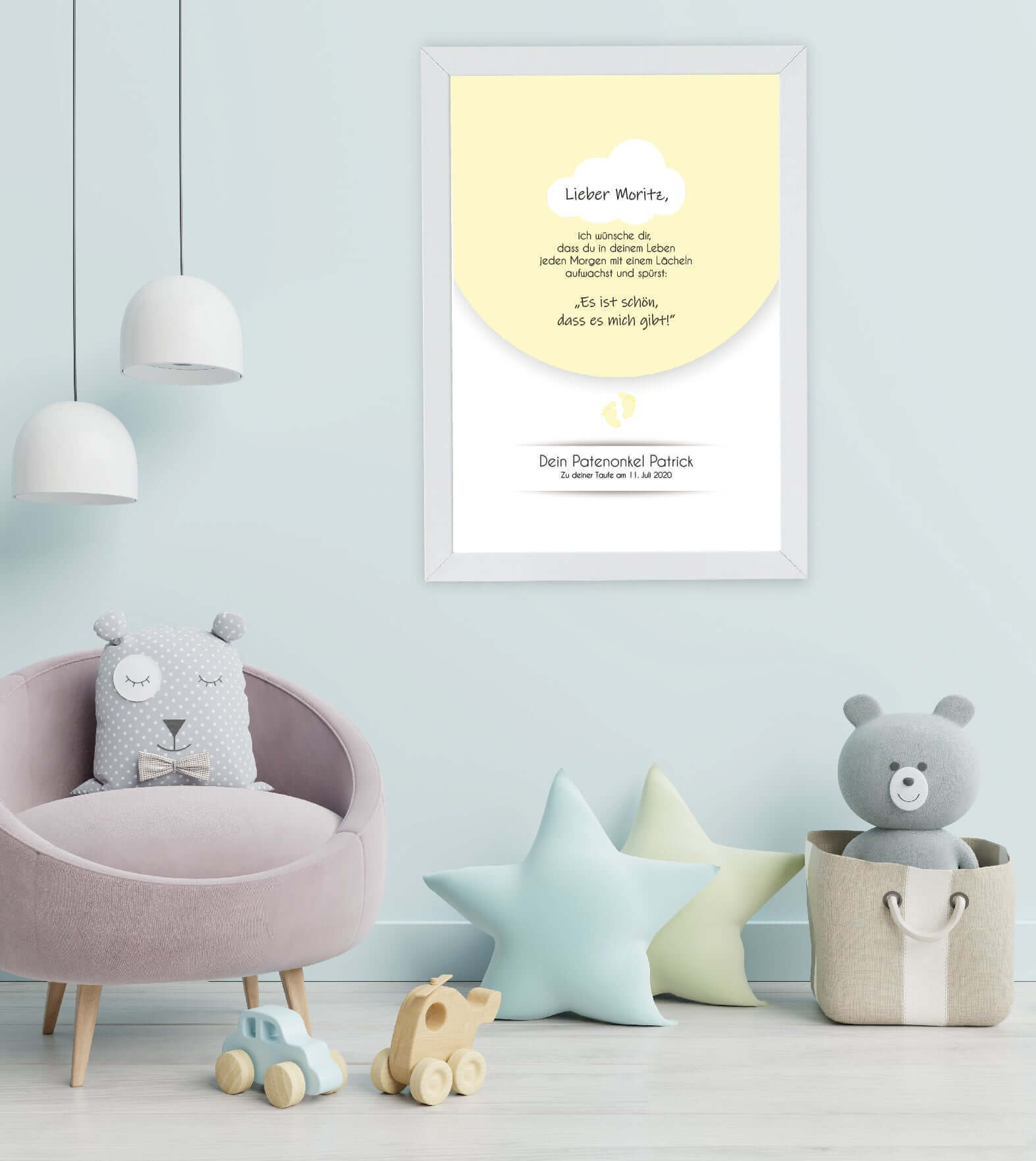 Anwendungsbild_Personalisiertes Babyposter "Taufspruch", Bildfarbe; Blau, Rosa, Gelb, Grün, Bildgröße: 13x18cm, DIN A4, DIN A3, Bilderrahmen: Ohne Bilderrahmen, Bilderrahmen weiß, Bilderrahmen schwarz, Bilderrahmen weiß mit Passepartout, Bilderrahmen schw
