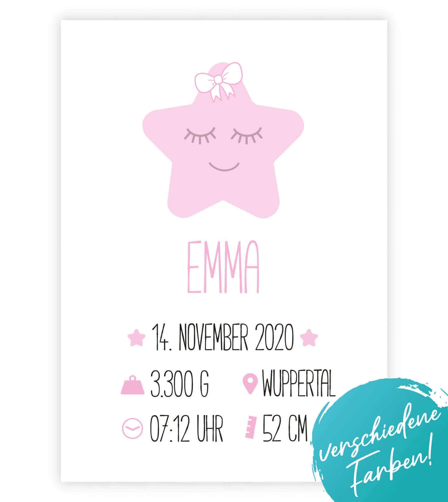 Personalisiertes Babyposter "Geburtsanzeige Stern", Bildfarbe: Rosa, Blau, Bildgröße: 13x18cm, DIN A4, DIN A3, Bilderrahmen: Ohne Bilderrahmen, Bilderrahmen weiß, Bilderrahmen schwarz, Bilderrahmen weiß mit Passepartout, Bilderrahmen schwarz mit Passepart