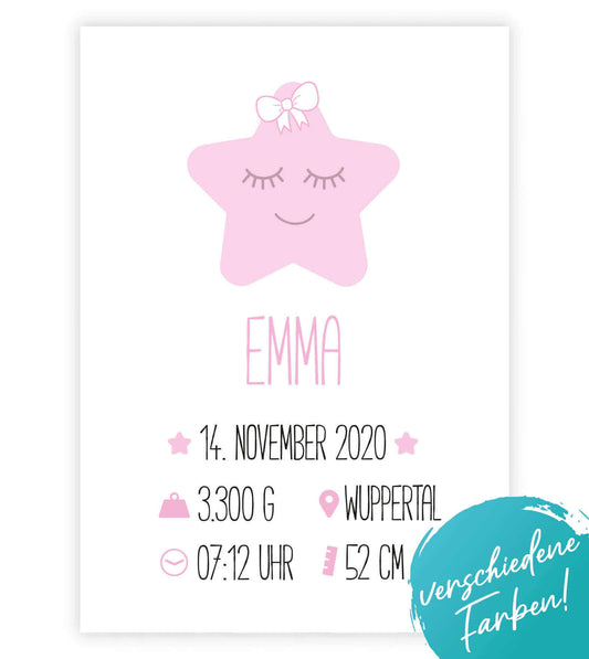 Personalisiertes Babyposter "Geburtsanzeige Stern", Bildfarbe: Rosa, Blau, Bildgröße: 13x18cm, DIN A4, DIN A3, Bilderrahmen: Ohne Bilderrahmen, Bilderrahmen weiß, Bilderrahmen schwarz, Bilderrahmen weiß mit Passepartout, Bilderrahmen schwarz mit Passepart