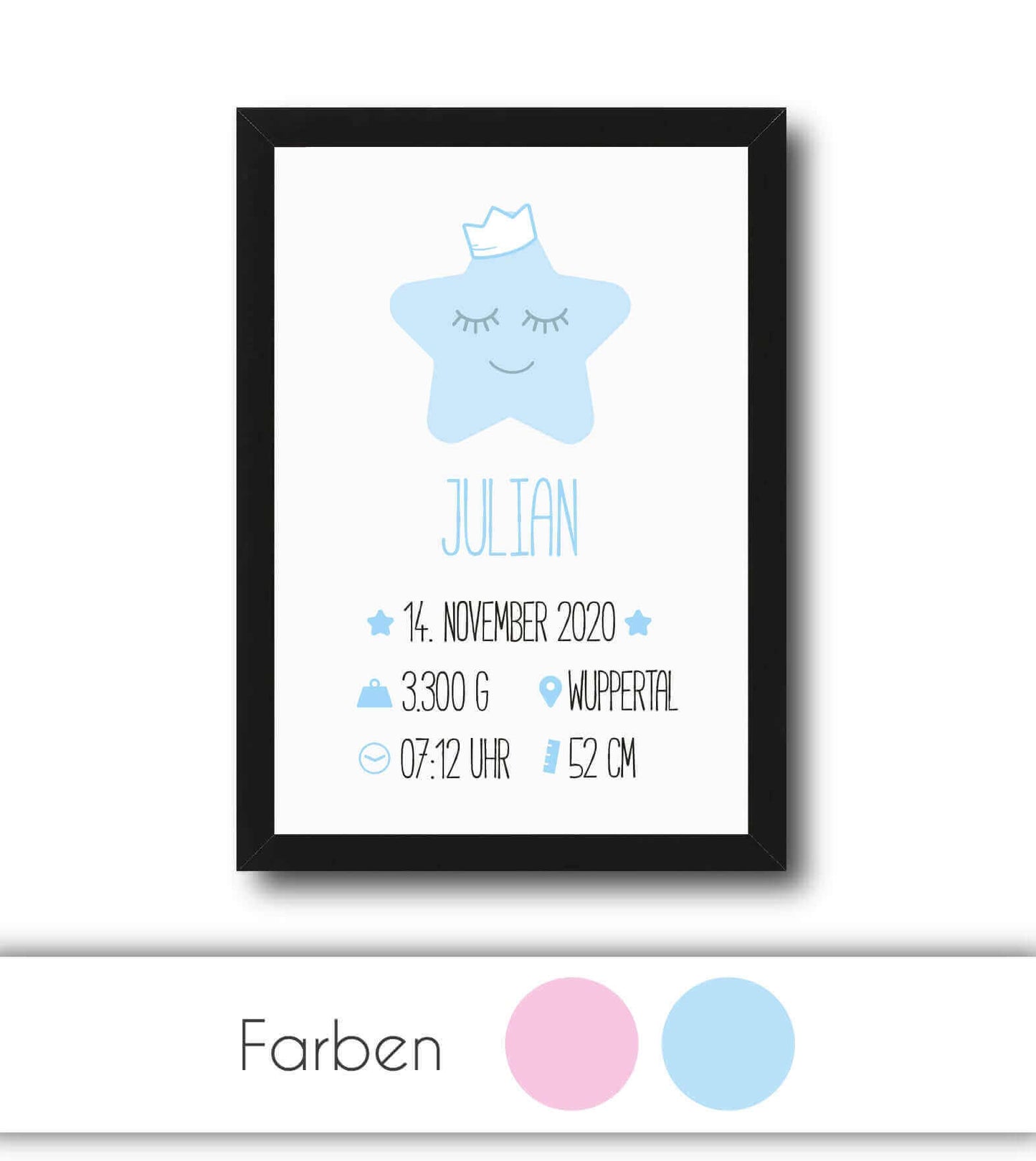 Personalisiertes Babyposter "Geburtsanzeige Stern", Bildfarbe: Rosa, Blau, Bildgröße: 13x18cm, DIN A4, DIN A3, Bilderrahmen: Ohne Bilderrahmen, Bilderrahmen weiß, Bilderrahmen schwarz, Bilderrahmen weiß mit Passepartout, Bilderrahmen schwarz mit Passepart