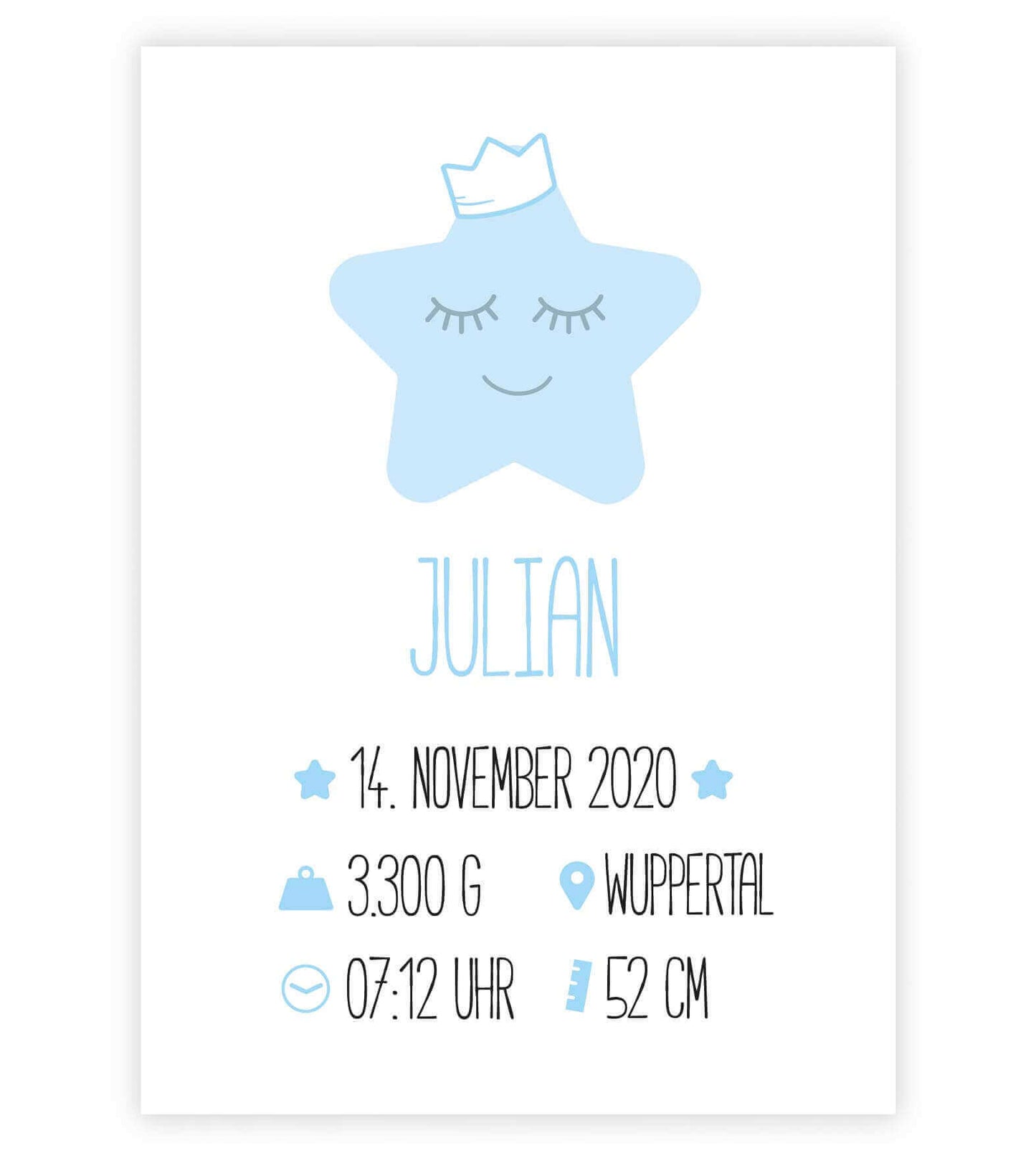 Personalisiertes Babyposter "Geburtsanzeige Stern", Bildfarbe: Blau, Bildgröße: 13x18cm, DIN A4, DIN A3, Bilderrahmen: Ohne Bilderrahmen, Copyright: 321geschenke.de