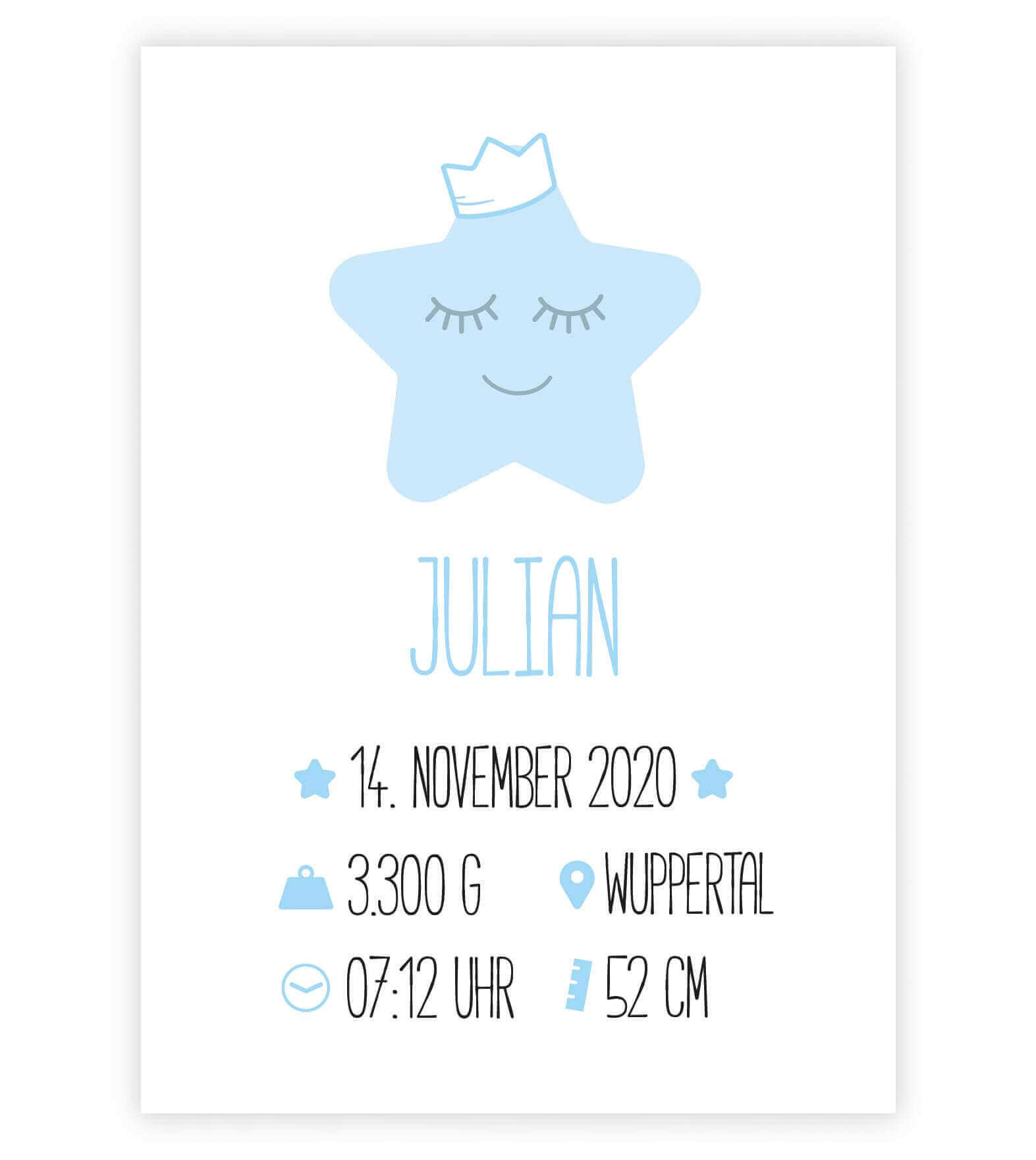Personalisiertes Babyposter "Geburtsanzeige Stern", Bildfarbe: Blau, Bildgröße: 13x18cm, DIN A4, DIN A3, Bilderrahmen: Ohne Bilderrahmen, Copyright: 321geschenke.de