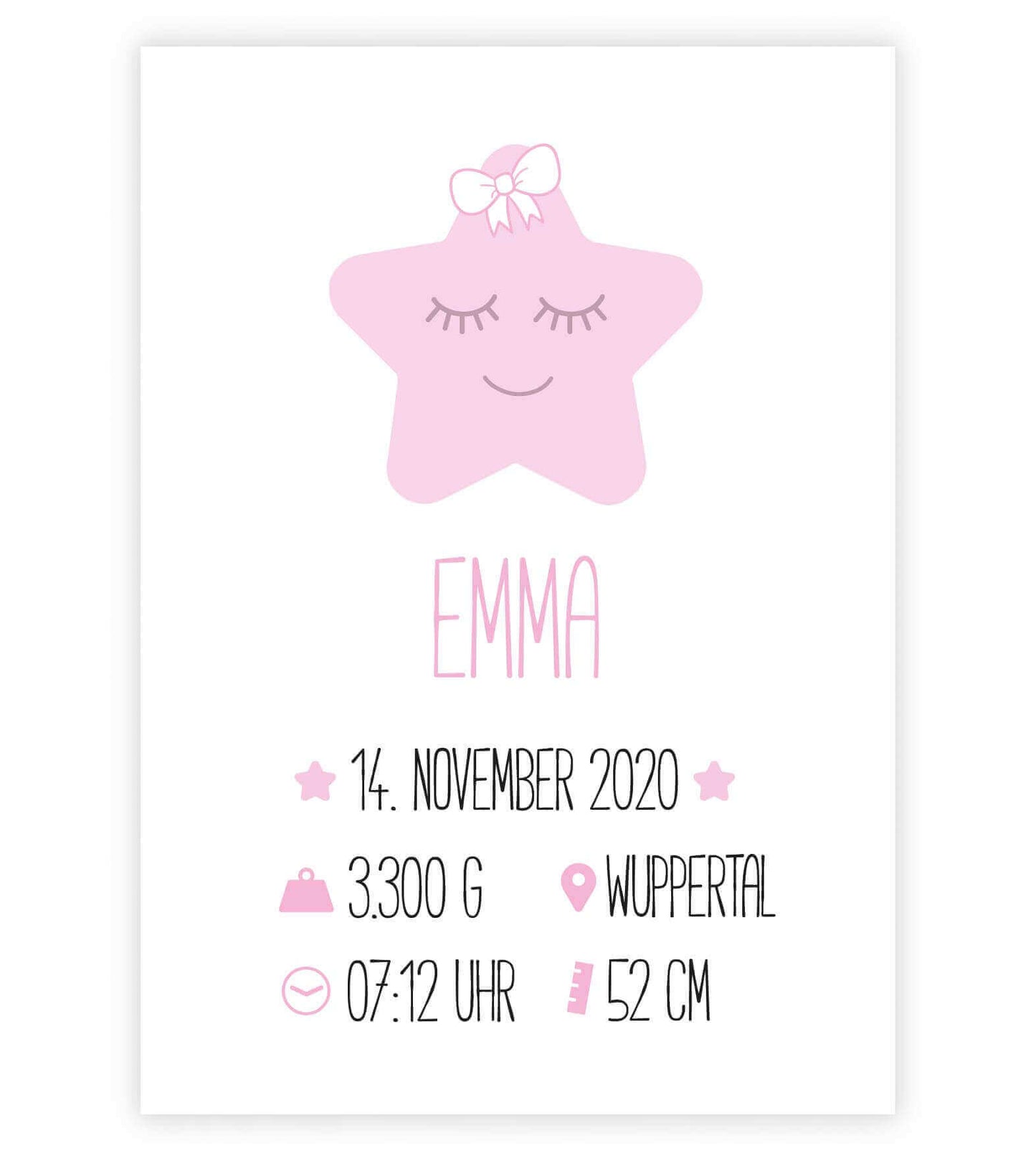 Personalisiertes Babyposter "Geburtsanzeige Stern", Bildfarbe: Rosa, Bildgröße: 13x18cm, DIN A4, DIN A3, Bilderrahmen: Ohne Bilderrahmen, Copyright: 321geschenke.de