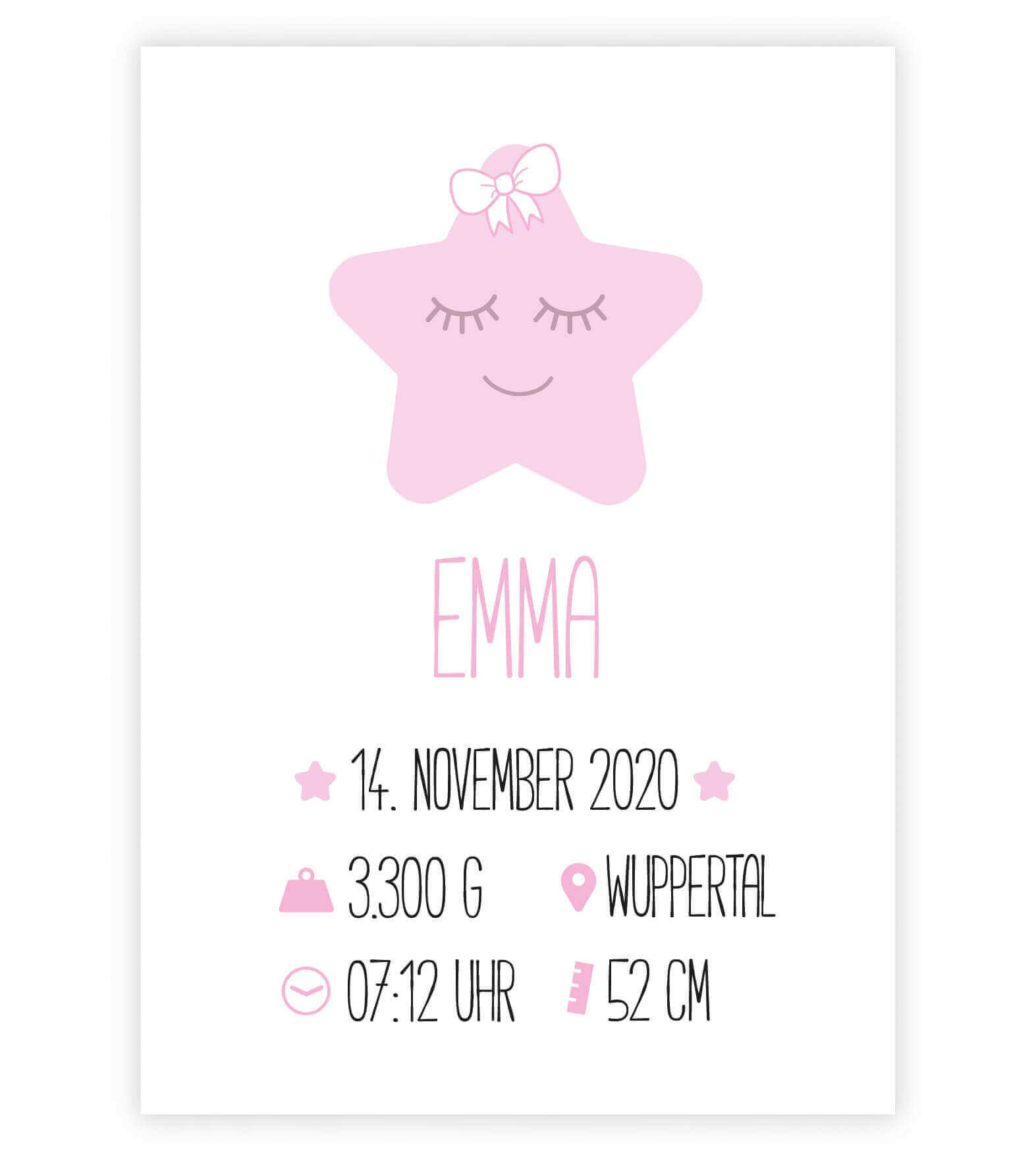 Personalisiertes Babyposter "Geburtsanzeige Stern", Bildfarbe: Rosa, Bildgröße: 13x18cm, DIN A4, DIN A3, Bilderrahmen: Ohne Bilderrahmen, Copyright: 321geschenke.de