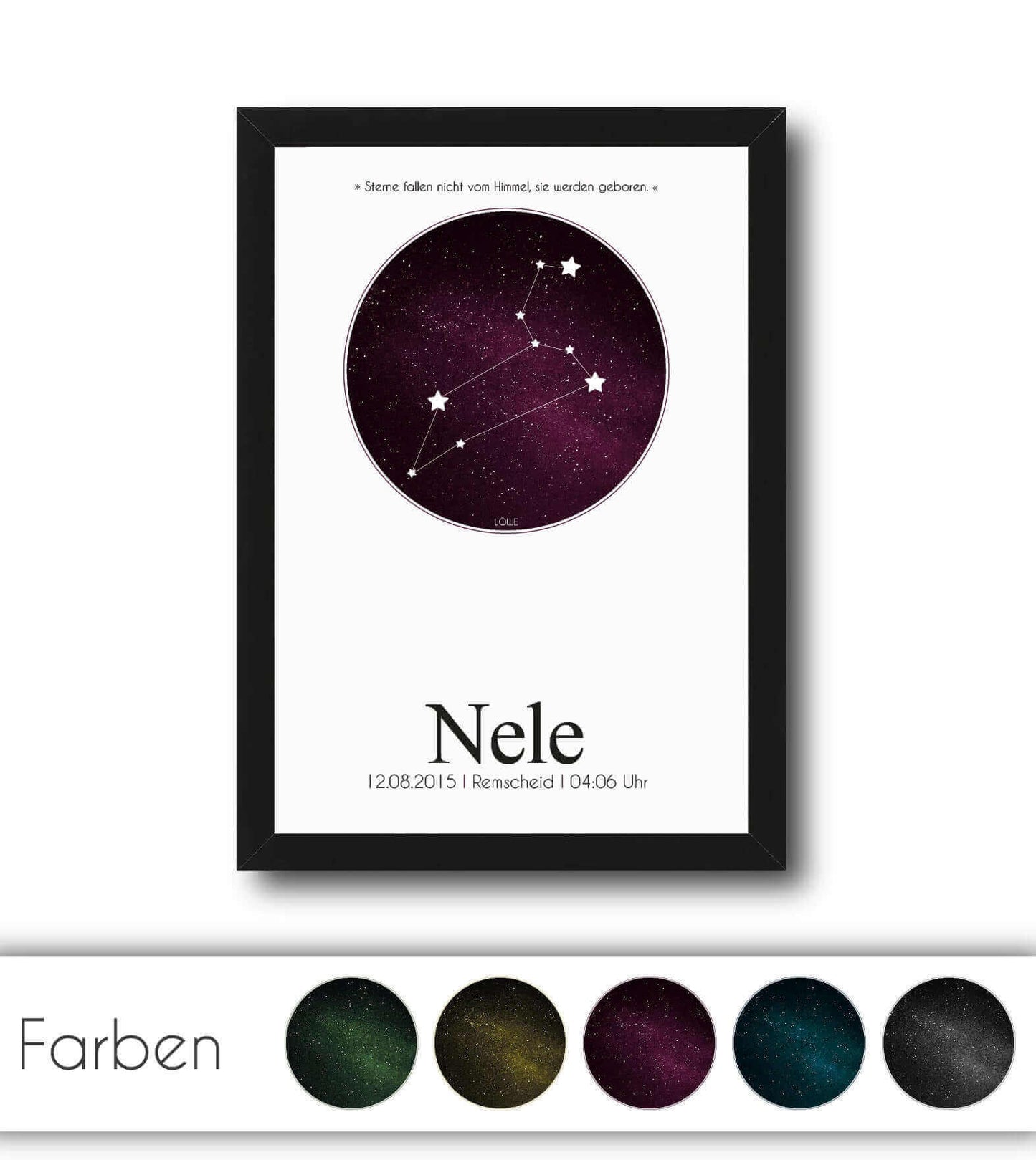 Personalisiertes Bild "Sternzeichen", Bildfarbe: Schwarz, Blau, Rot, Gelb, Grün, Bildgröße: 13x18cm, DIN A4, DIN A3, Bilderrahmen: Ohne Bilderrahmen, Bilderrahmen weiß, Bilderrahmen schwarz, Bilderrahmen weiß mit Passepartout, Bilderrahmen schwarz mit Pa