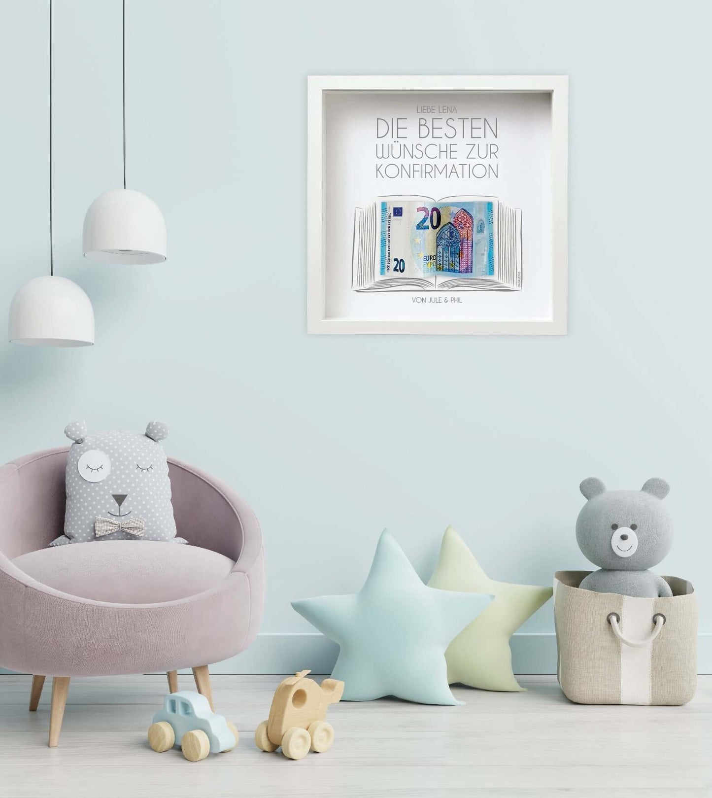 Anwendungsbild_Geldgeschenk "offenes Buch" zur Kommunion / Konfirmation / Firmung Bildgröße: 25x25cm, Bilderrahmen: Ohne Bilderrahmen, Bilderrahmen weiß, Bilderrahmen schwarz, Copyright: 321geschenke.de